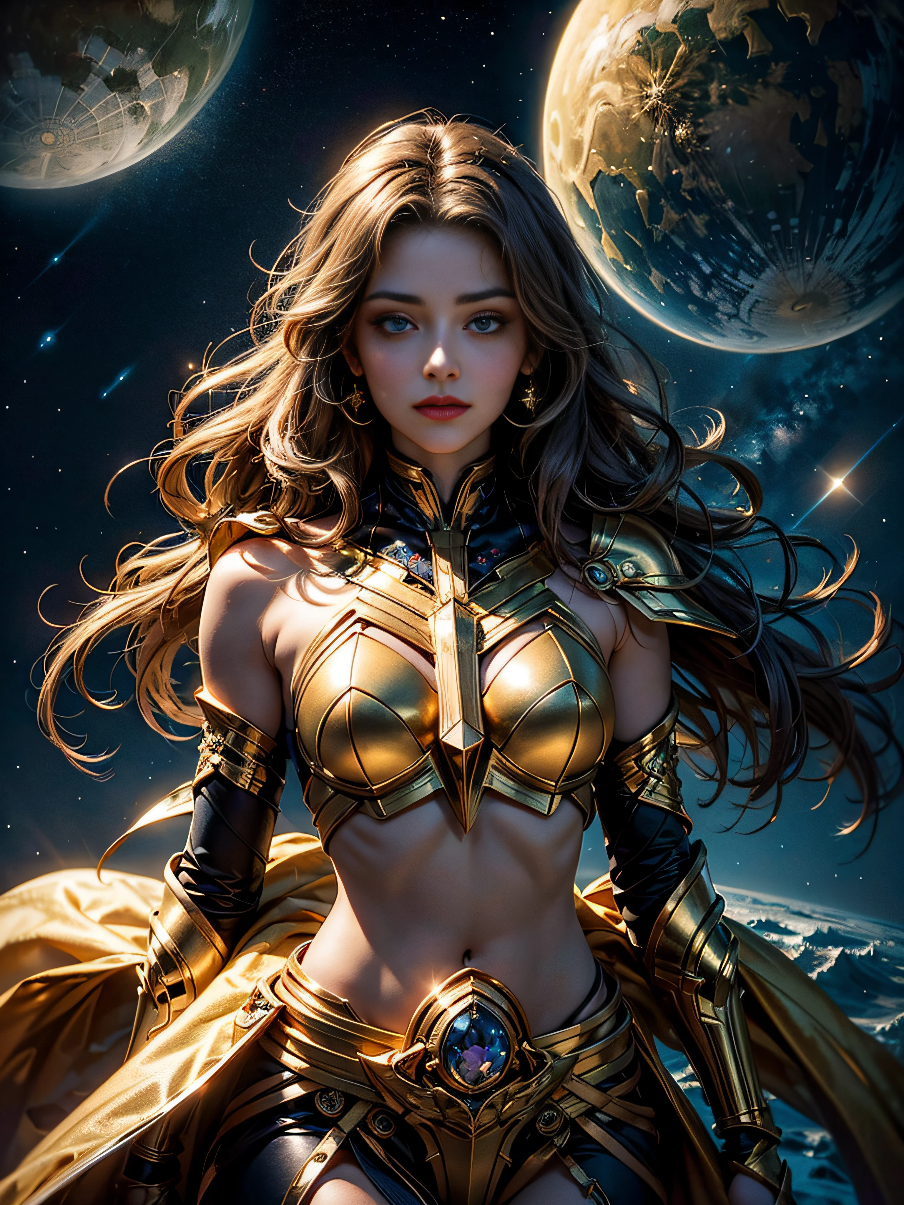 Sagittarius image，Magical golden Sagittarius astrolabe，（Half-human, half-horse image），((Charming Sagittarius female character:1.2),(Sagittarius symbol:1.1),starryskybackground,The stars twinkle,A sense of mystery,Cosmic elements,Majestic and deep atmosphere,Gorgeous decorative details,mesmerizing eyes,long hair flowing,starlight embellishment,dream colors)