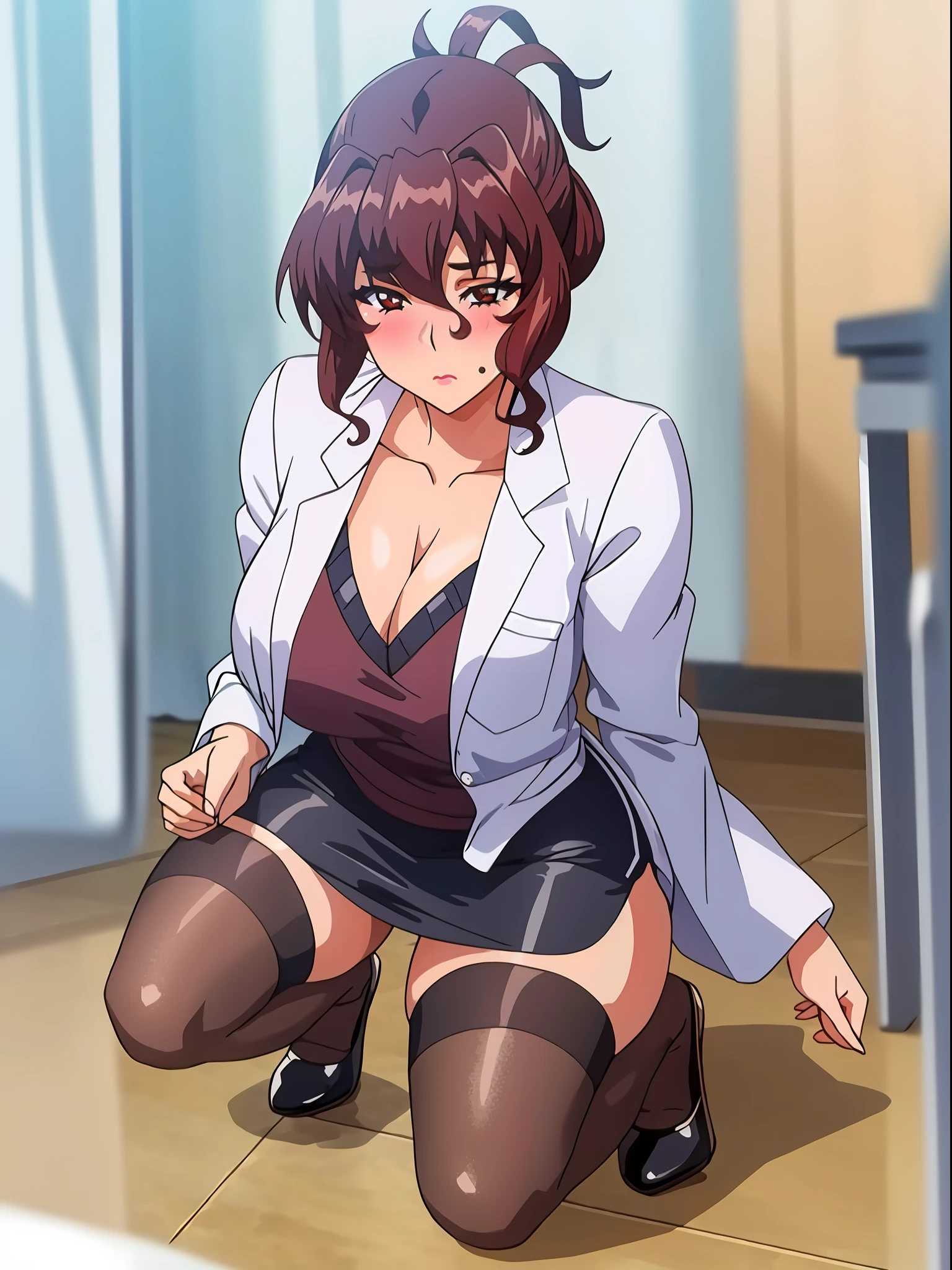 (beautiful hand:1.2), (masterpiece, best quality:1.3), Aiko Katsuragi, mature female, (full body shot:1.05), milf, 1girl, anime face, doctor, labcoat, short pencil skirt, (thighhighs:1.05), highheels, makeup, large breasts, lipstick, brown eyes, folded ponytail, brown hair, cleavage, perfect body, (athletic body:1.3), perfect eyes, perfect retina, anime eyes, eyeliner, eyeshadow, perfect face, (caring look:1.1), look at viewer, blush, high sharpness, sharp focus, medical room, professional artwork, intricate details, vivid colors, Diffused lighting, digital blending, ultra detailed body, ultra detailed hair, ultra detailed face, trending on pixiv