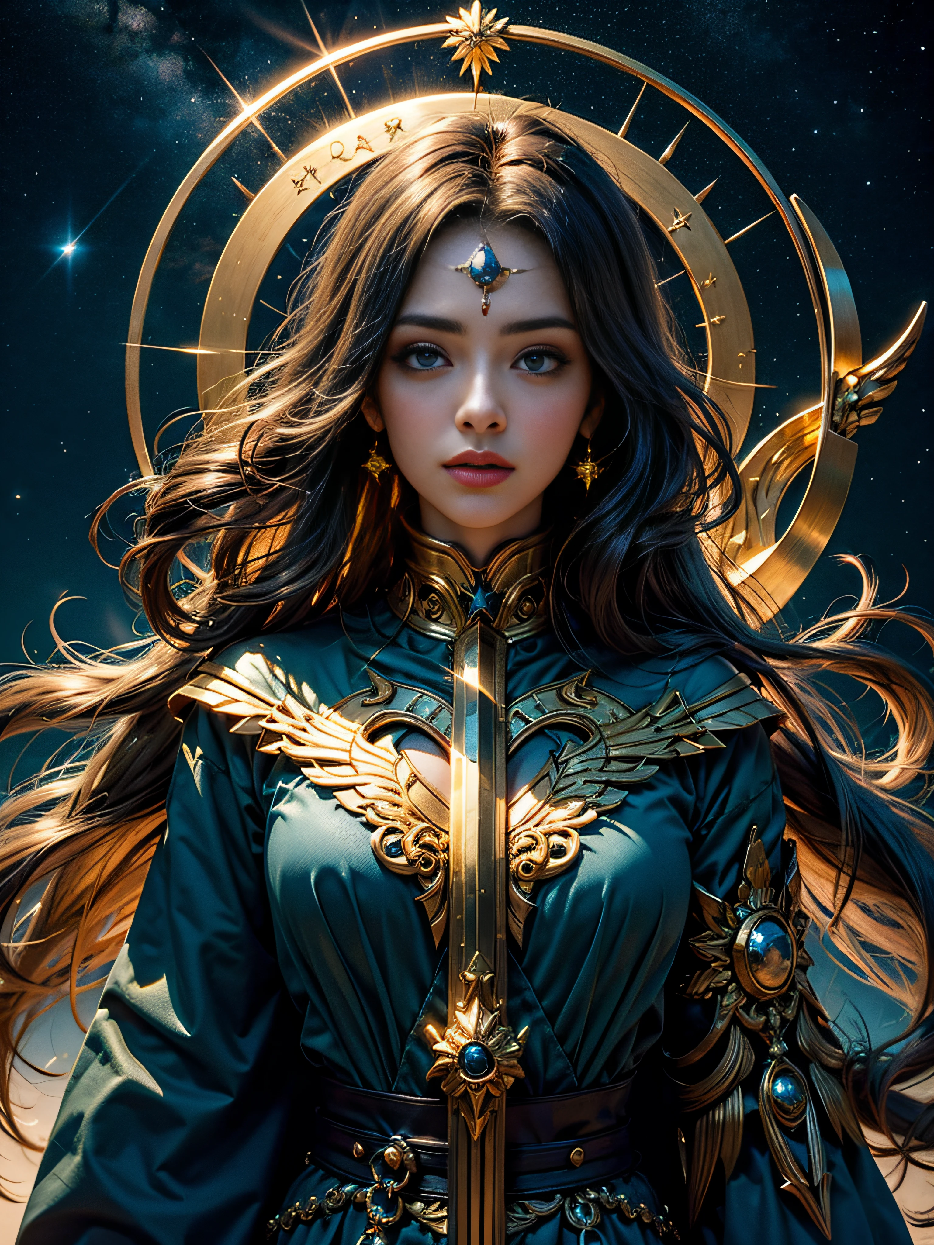 Sagittarius image，Magical golden Sagittarius astrolabe，（The upper body is the image of a human body, and the lower body is the image of a horse's body），((Charming Sagittarius female character:1.2),(Sagittarius symbol:1.1),starryskybackground,The stars twinkle,A sense of mystery,Cosmic elements,Majestic and deep atmosphere,Gorgeous decorative details,mesmerizing eyes,long hair flowing,starlight embellishment,dream colors)