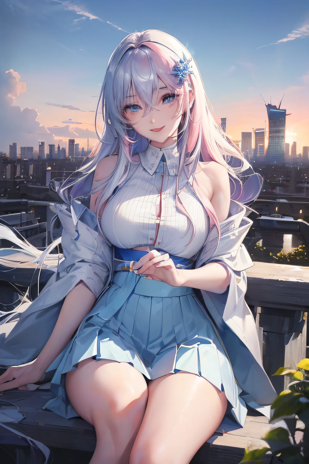 official art, masterpiece, sharp focus, (beautiful gorgeous cute Korean woman:1.3), (beautiful cute korean:1.3), korean beauty, Delicate and beautiful hair and eyes and face, realistic, ultra detailed, beautiful girl, blue sky, glow white particle, (sidelighting:1.2), sun light, white cloud, detailed clouds, slender, Lovely very large breasts and very large hips, smile with teeth, ((smile with eyes, open both eyes)), scenery, long straight hair, sexy facial expression, building, (cityscape:1.7), dynamic hair, long straight hair, detailed platinum pink hair, glow blue eyes, (blue pleated shirts + white skirt), white long socks, pale skin, hair ornament, epic scenery,