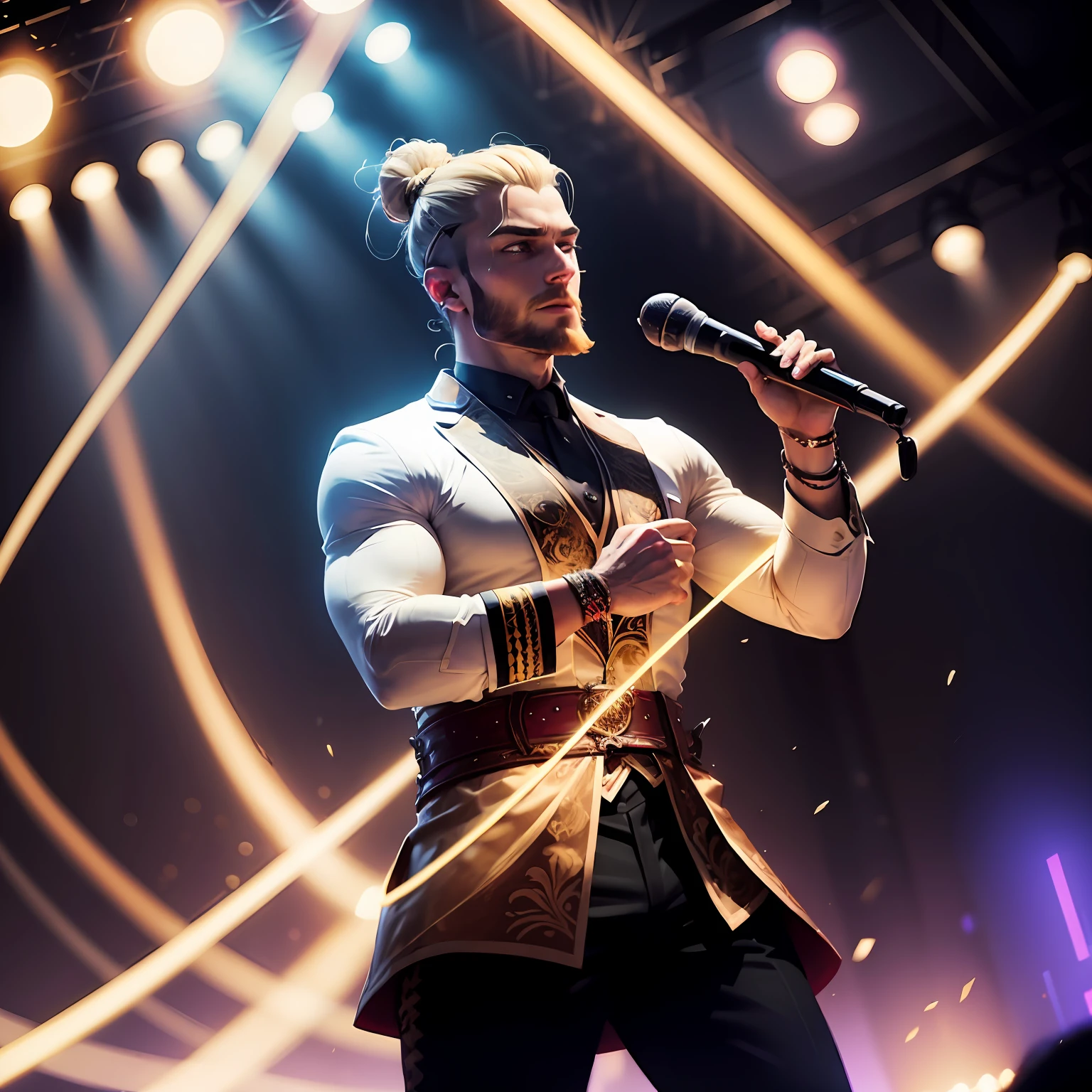 A charismatic man with a blonde topknot, em um palco vibrante, mesmerizing the crowd with an impressive light show. --auto