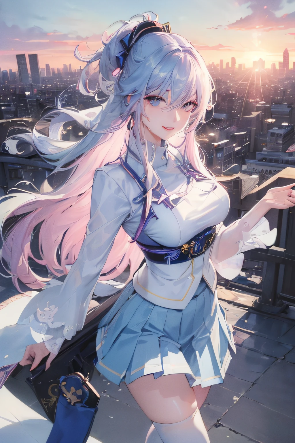 official art, masterpiece, sharp focus, (beautiful gorgeous cute Korean woman:1.3), (beautiful cute korean:1.3), korean beauty, Delicate and beautiful hair and eyes and face, realistic, ultra detailed, beautiful girl, blue sky, glow white particle, (sidelighting:1.2), sun light, white cloud, detailed clouds, slender, Lovely very large breasts and very large hips, smile with teeth, ((smile with eyes, open both eyes)), scenery, long straight hair, sexy facial expression, building, (cityscape:1.7), dynamic hair, long straight hair, detailed platinum pink hair, glow blue eyes, (blue pleated shirts + white skirt), white long socks, pale skin, hair ornament, epic scenery,