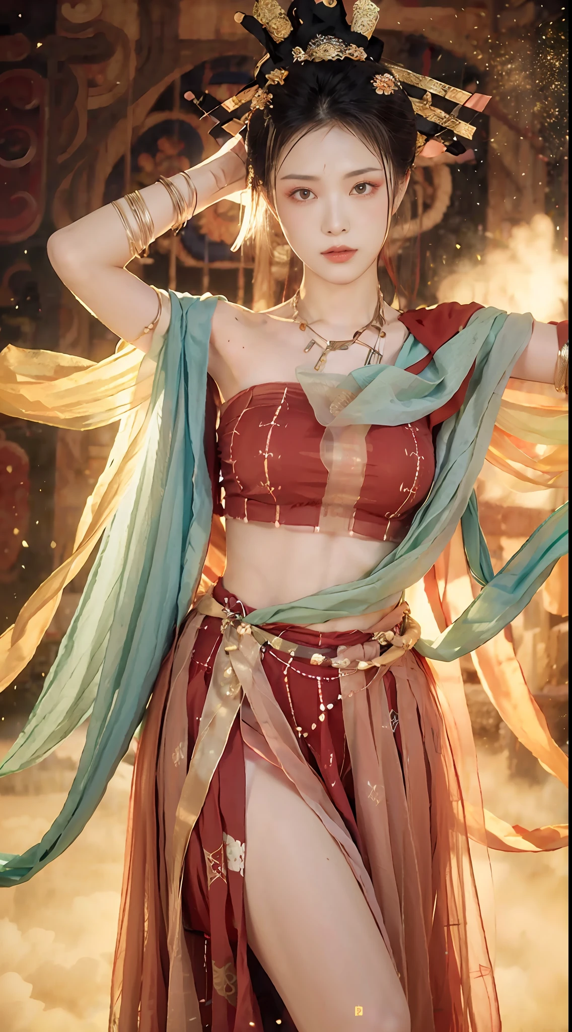 (8k, RAW photo, best quality, masterpiece:1.2), (realistic, photo-realistic:1.4), (extremely detailed CG unity 8k wallpaper), (1 girl:1.5), Western beauty, (Red clothes: 1.4), red spots on forehead, pale skin, blush, big eyes, full body, thighs, open navel, gold waist chain, gold jewelry, flying ribbons, particles, background is Loulan ancient city, ancient city wall, desert, dance, dunhuang_dress, dunhuang_style,