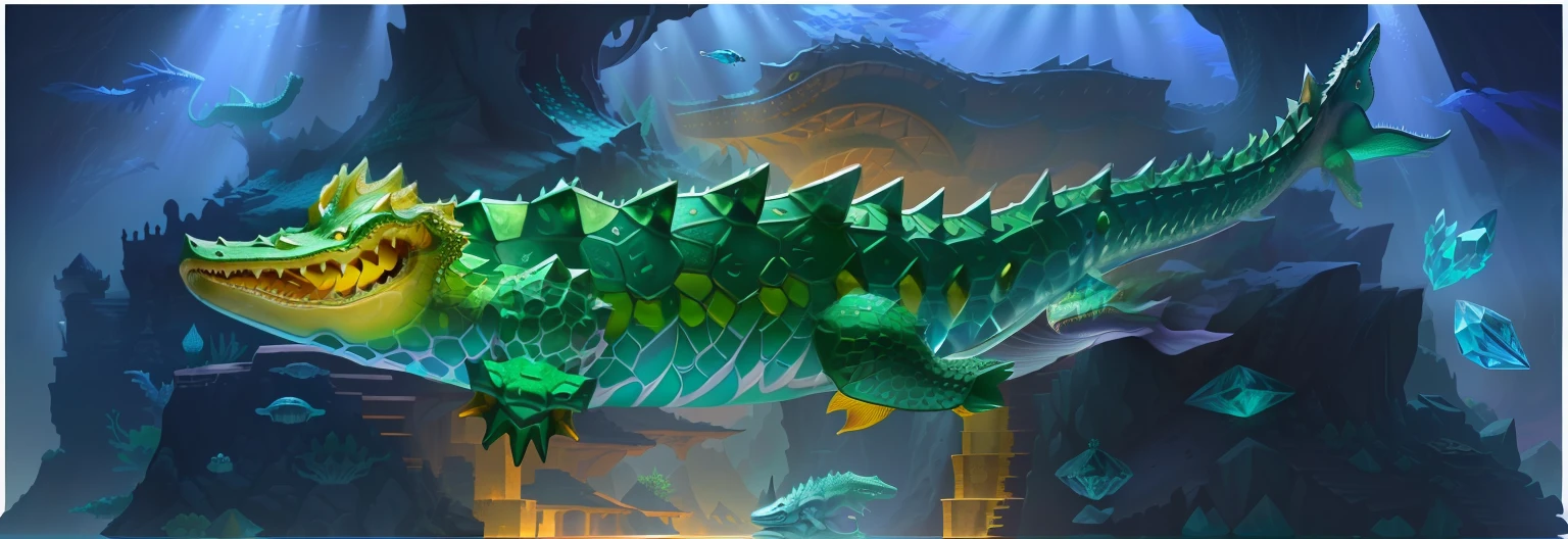 There is a fish floating in the air, crocodile god lair, crocodile loki, crystalized scales, serpentine water monster, The abandoned crocodile god, Biliary aberrations, green skin with scales, detailed maw, detailed hot maw, detailed scale, scales skin dog, half crocodile, smooth carapace, transparent carapace, Crocodile shaman