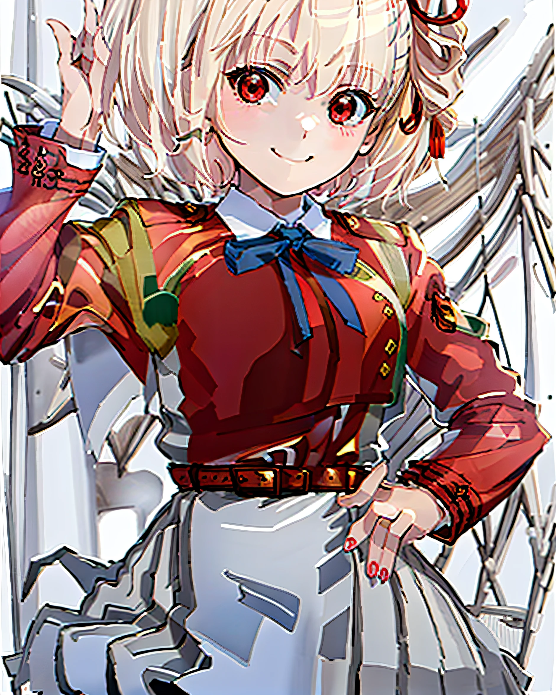 best quality,highly detailed,masterpiece,ultra-detailed,1girl,(white background),Delicate eyes,red_jacket, ribbon, red_eyes,blond hair,short hair,hair_ribbon,smile