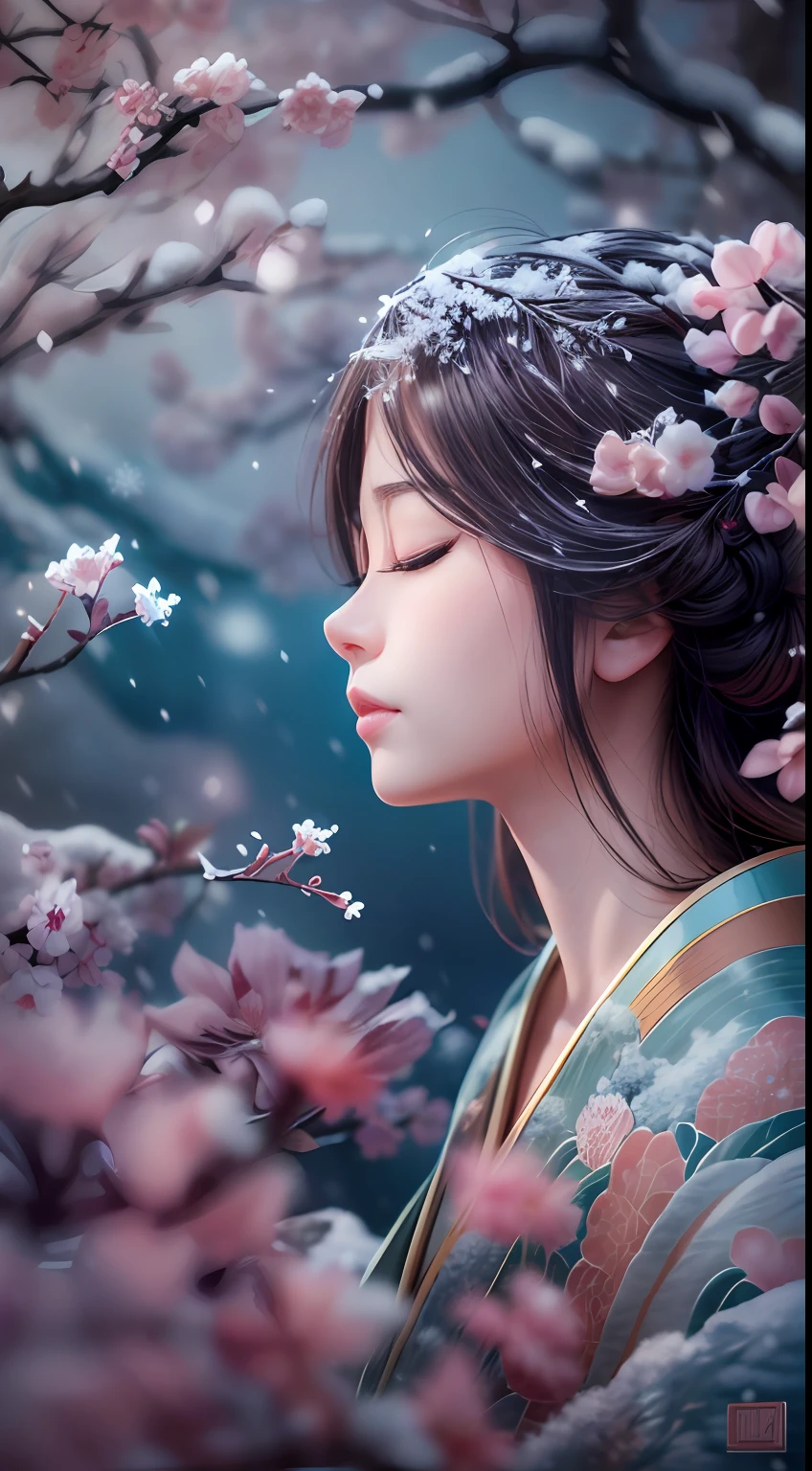 illustration: 1.3), paper art, 3D rendering of, , (Beautiful side face，closing her eyes:1.3), (Masterpiece plum blossoms:1.2)(Masterpiece snow:1.2) , Colorful, Best quality, Detailed details, Masterpiece, offcial art, movie light effect, 4K, Chiaroscuro , Flash