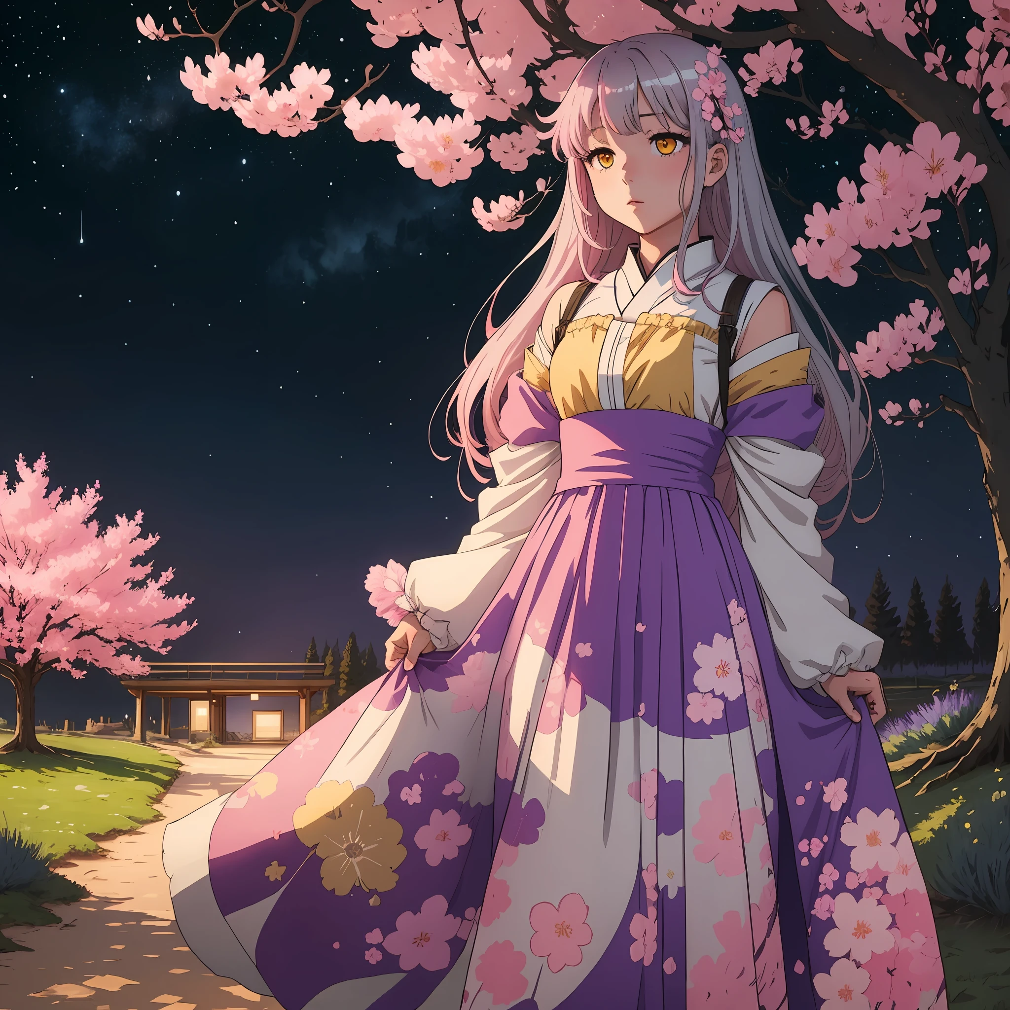 One Silver haired anime girl with bright yellow eyes and pink Sakura in her hair wearing lavender tule dress standing under starry night sky alone by herself surrounded by Sakura trees --auto
