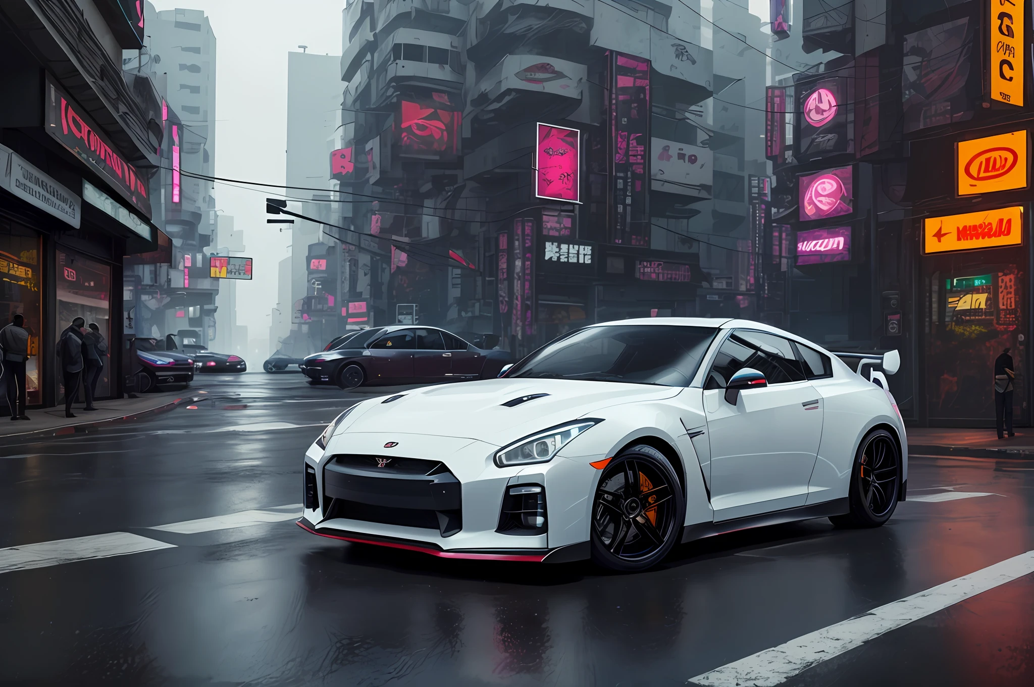 GTR R35, preto, melhor qualidade, vehicle, rua, (cyberpunk: 1.3), chuva, no Brasil, reflexos realistas.