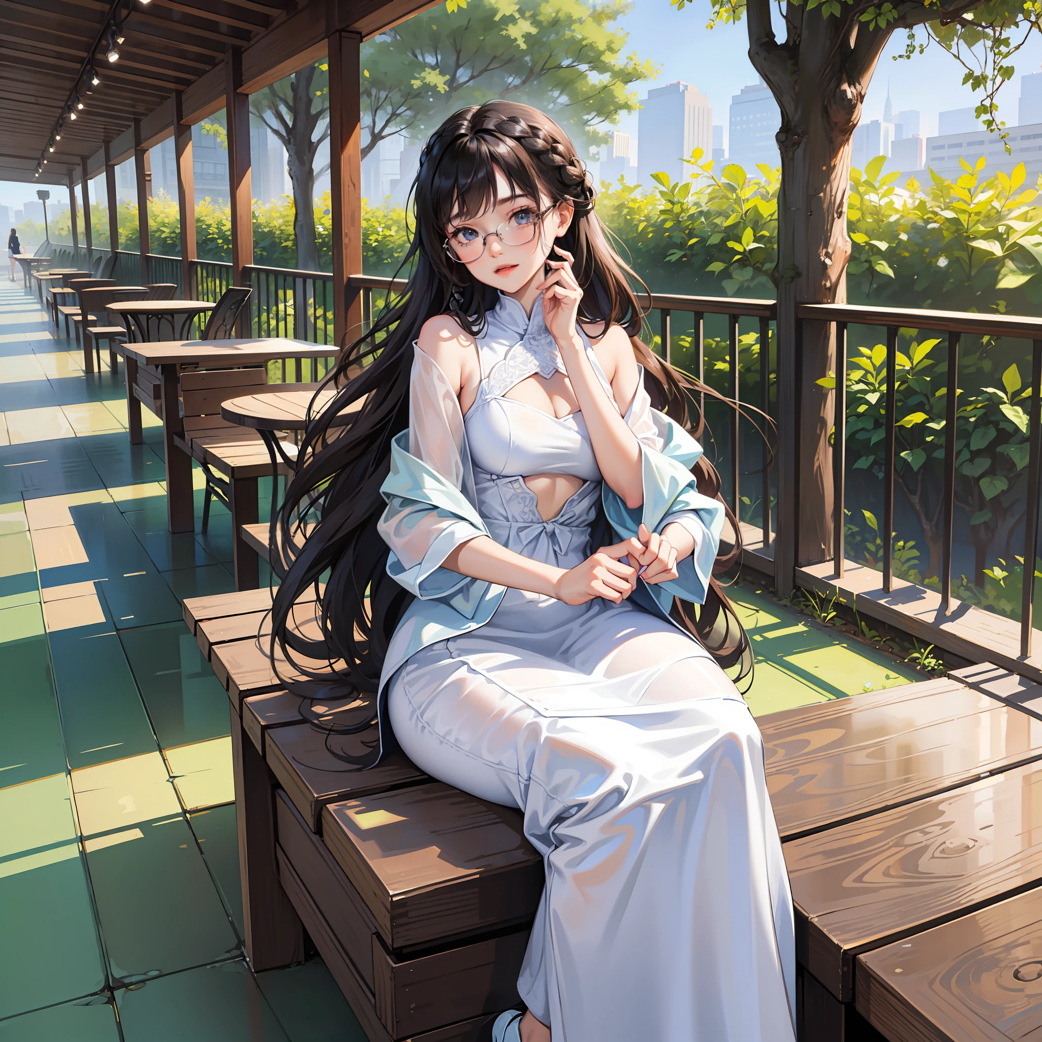 Masterpiece, best quality,
1 girl, looking at the audience,
Reserved class leader girl, gentle smile, relaxed posture, braid braids, glasses, casual conservative clothing, tasteful details, accessories, shoes, bags, leisure environments such as parks, cafes or shopping centers, soft pastel colors and natural tones, background scenery of plants and animals, relaxed atmosphere,
Anime, Illustrations, 
 Delicate skin texture, delicate fabric texture, beautiful delicate face, intricate details, super detailed,