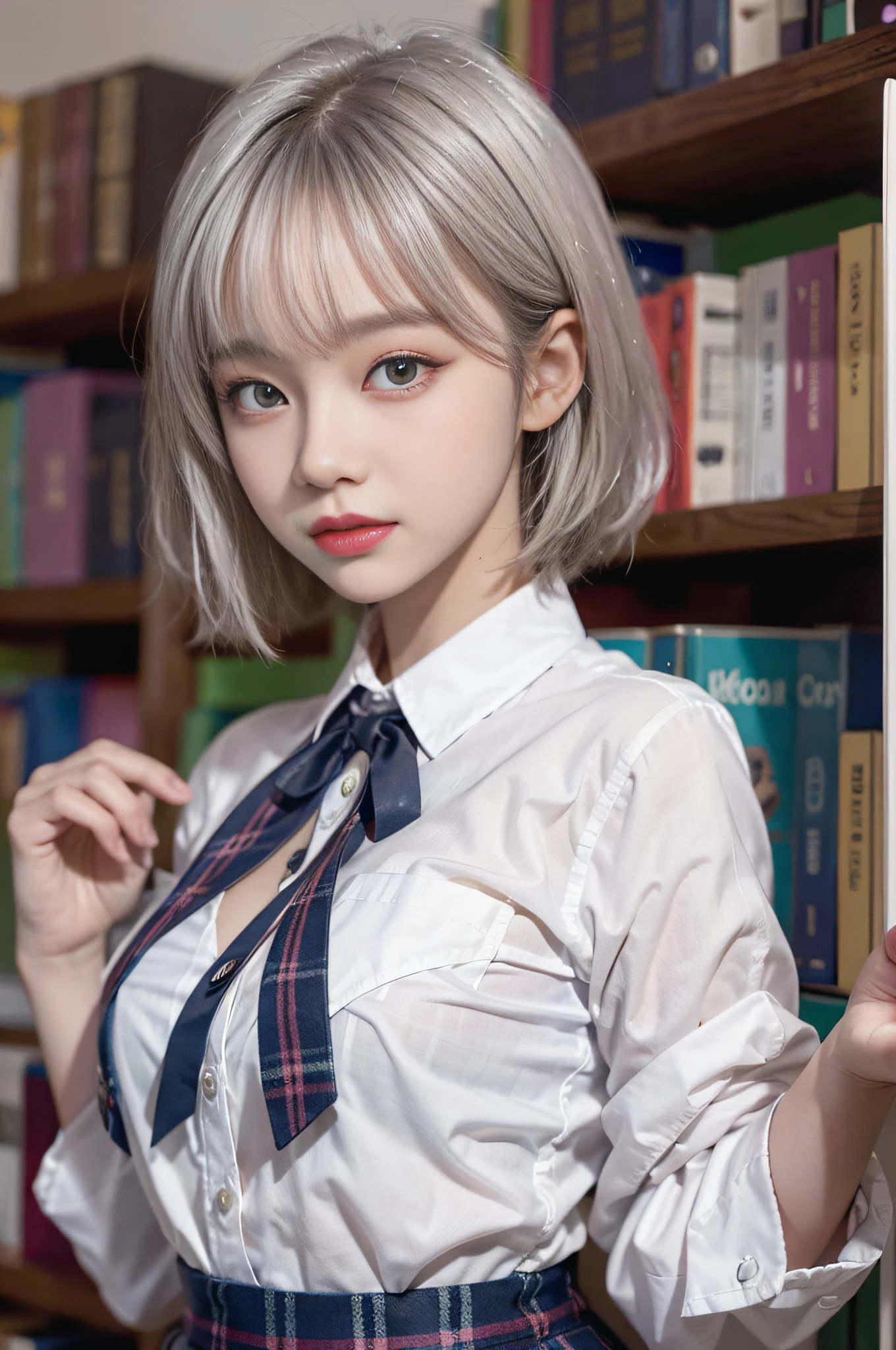 Top image quality、Raw photography、超A high resolution、Shot from the side、Gentle smile、-yeld Kon、large full breasts、neck tie、bow ribbon、student clothes、Collared shirt、School uniform shirt、plaid skirts、fair white skin、shiny white skin、a short bob、bright silver hair、bright white hair、beautifully aligned bangs、beautidful eyes、Beautiful eyes with random colors、very thin lips、Beautiful Eyes of Details、elongated eyes、pale pink blush、long eyeslashes、beautiful double eyelid、eyeshadows、耳Nipple Ring、Night School、Library dimly lit at night、Stand next to a bookshelf