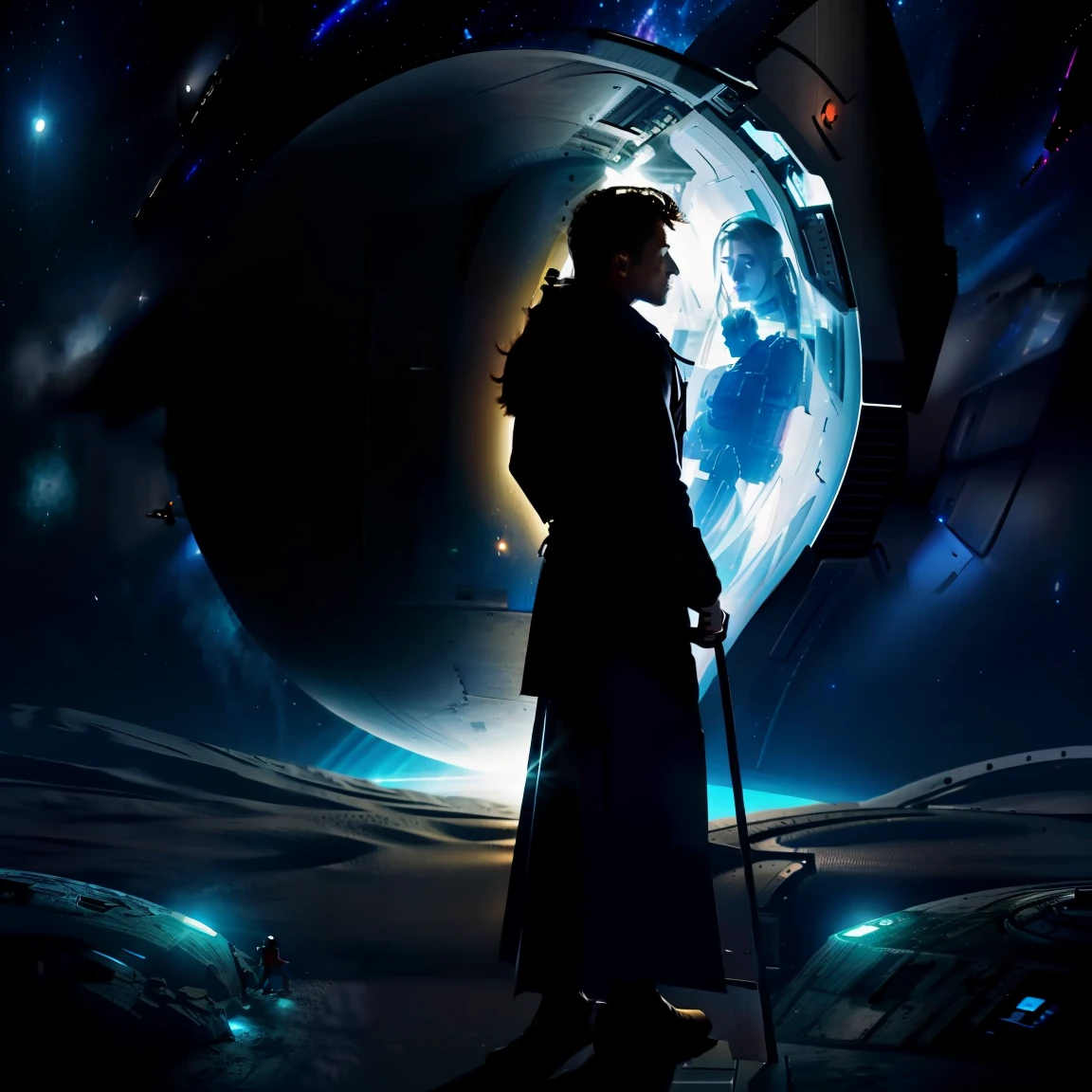 A man and a woman stood back to back on the spaceship（BestWorks），A man and a woman stood back to back on the spaceship，Young men，Young woman，Spaceship