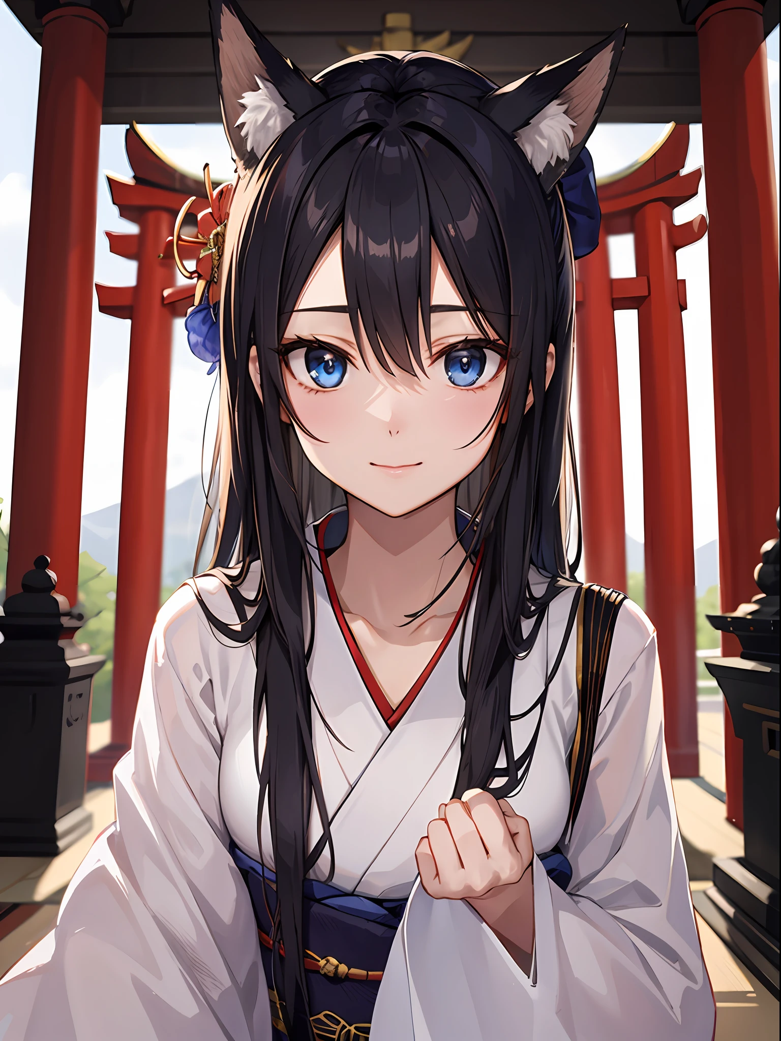 (absurderes、hight resolution、ultra-detailliert)、facial close-up、Facial emphasis、focus on face、One lady、a matural female、Old age、Silver-colored hair、long straight hair、shiny and beautiful hair、blue eyess、bangss、long-sleeve、Finely drawn eyes and detailed faces、highlight in eyes、Hands without breaks、Abundant lighting、extremely detailed CG unified 8k wallpaper、intricate detailes、portlate、gaze、独奏、Half Shot、Fine drawing face、 soft smiling、Dynamic poses、Classical period、(Ancient Japan themed:1.1)、Japan myths、fox ear、japanes、Regulations、Person Japan blue kimono、Floral kimono、Ancient theme、(Prosperous civilization:1.1)、moon in background、(snow-white:1.1)shrines、torii gate、Japanese landscape、Ancient city in the background、Fox mask on the head、Fantastical、dream-like、Dancing Light、lanthanum、Solemn evening、The Darkness、stele、portraitures、电影灯光