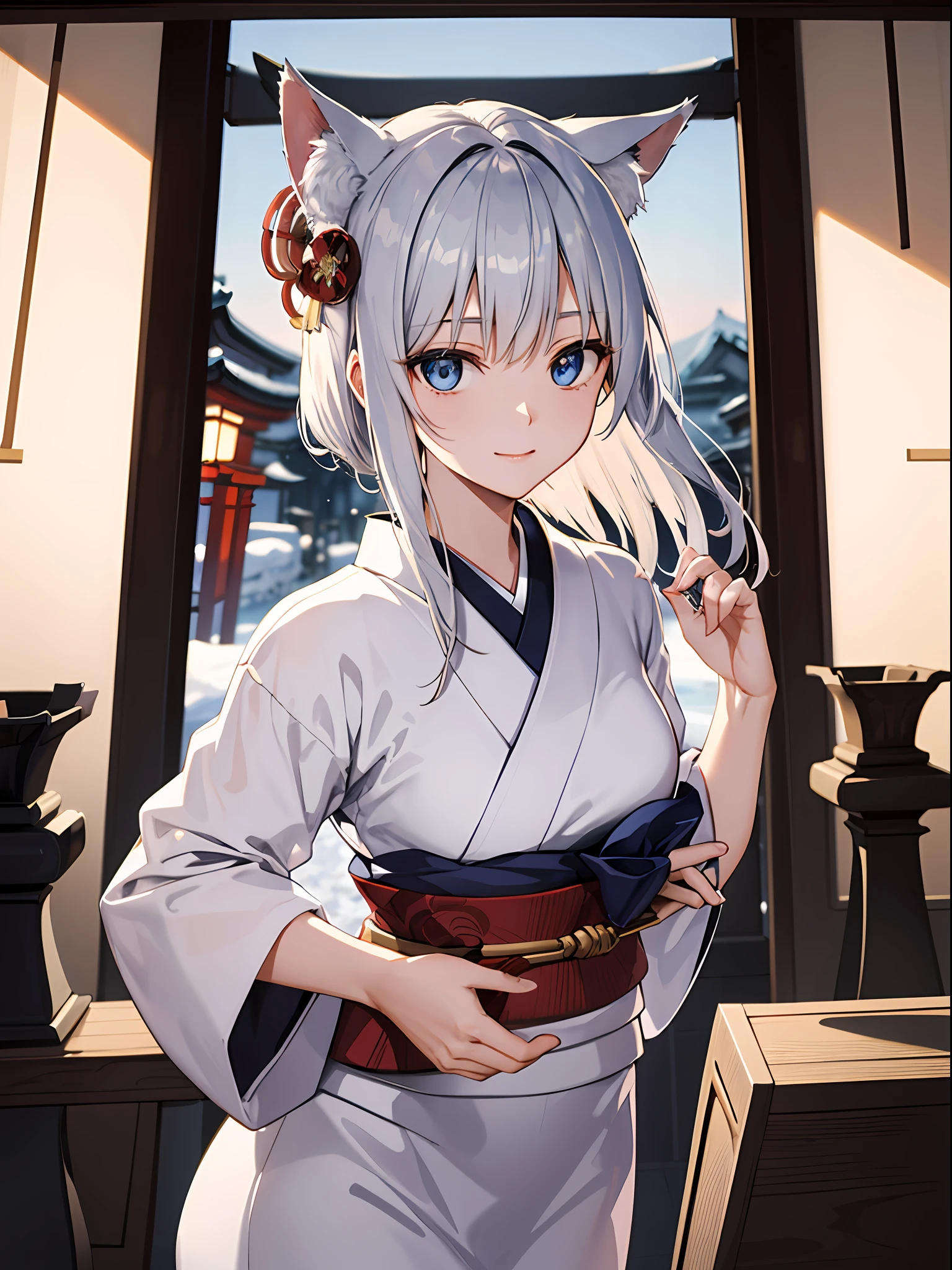 (absurderes、hight resolution、ultra-detailliert)、facial close-up、Facial emphasis、focus on face、One lady、a matural female、Old age、Silver-colored hair、long straight hair、shiny and beautiful hair、blue eyess、bangss、long-sleeve、Finely drawn eyes and detailed faces、highlight in eyes、Hands without breaks、Abundant lighting、extremely detailed CG unified 8k wallpaper、intricate detailes、portlate、gaze、独奏、Half Shot、Fine drawing face、 soft smiling、Dynamic poses、Classical period、(Ancient Japan themed:1.1)、Japan myths、fox ear、japanes、Regulations、Person Japan blue kimono、Floral kimono、Ancient theme、(Prosperous civilization:1.1)、moon in background、(snow-white:1.1)shrines、torii gate、Japanese landscape、Ancient city in the background、Fox mask on the head、Fantastical、dream-like、Dancing Light、lanthanum、Solemn evening、The Darkness、stele、portraitures、电影灯光