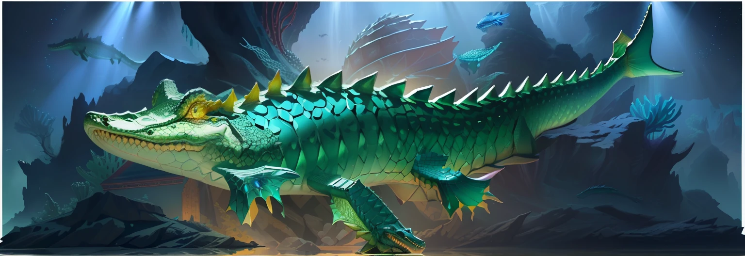There is a fish floating in the water, Crocodile God, crocodile loki, crystalized scales, serpentine water monster, The abandoned crocodile god, Biliary aberrations, green skin with scales, detailed maw, detailed hot maw, detailed scale, scales skin dog, half crocodile, smooth carapace, transparent carapace, Crocodile shaman