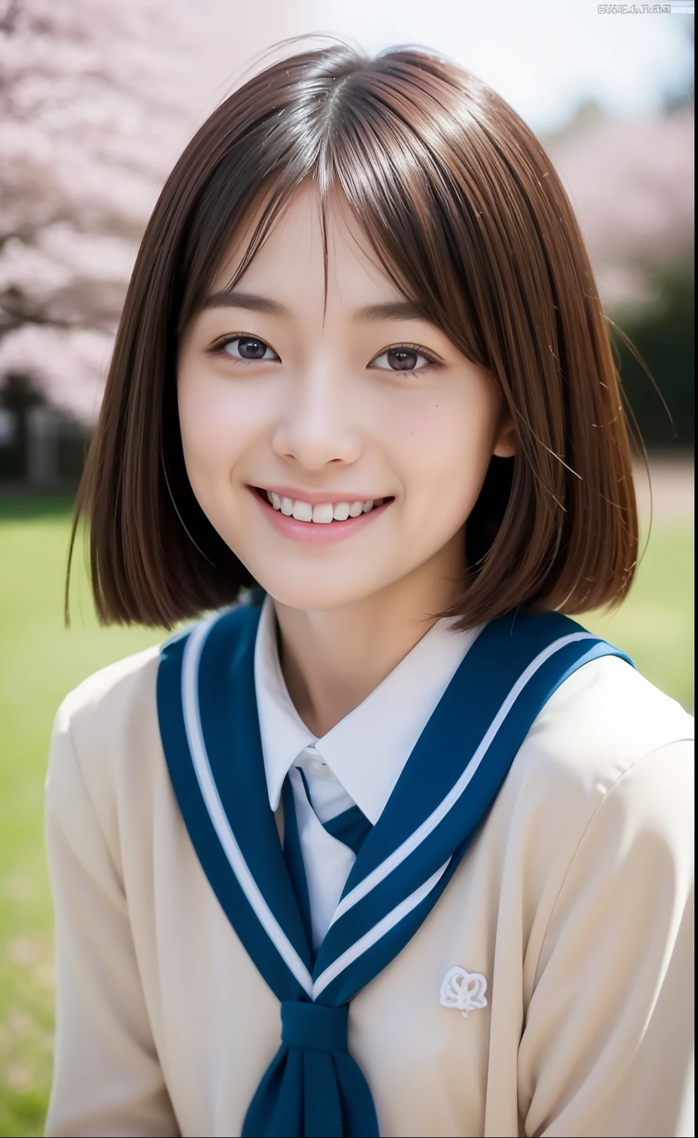 Spring landscape、cherry trees、Skinny Legs、Short-cut hair、Extraordinary beauty、Cute face、The best smile、Cute smile、frontage、slender、straight haired、Schools(Raw foto:1.2), (Photorealsitic:1.4),　a beautiful detailed girl, extremely detailed eye and face, beatiful detailed eyes,  huge filesize,  hight resolution, ighly detailed, top-quality, ​masterpiece,  ((Japanese girls' high school uniform)),  ighly detailed, nffsw,  8k wallpaper, magnifica, finely detail,  top-quality, Highly detailed ticker uniform、 Light on the Face、电影灯光、16yo girl、