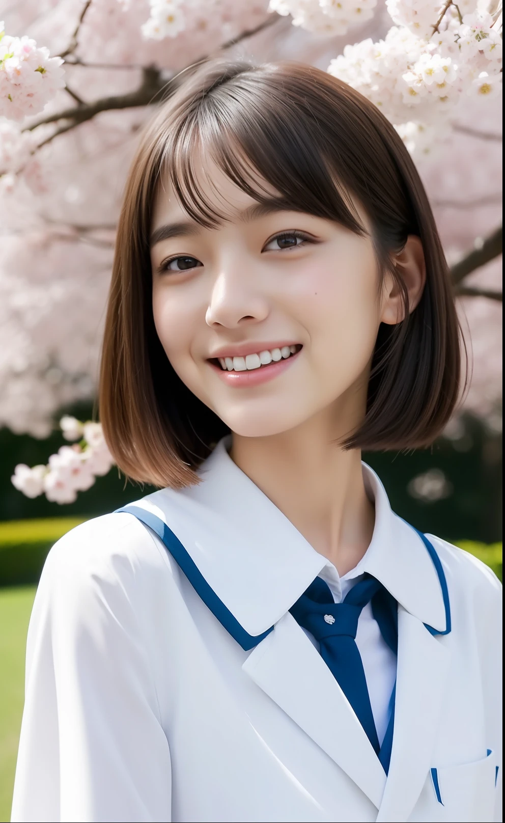 Spring landscape、cherry trees、Skinny Legs、Short-cut hair、Extraordinary beauty、Cute face、The best smile、Cute smile、frontage、slender、straight haired、Schools(Raw foto:1.2), (Photorealsitic:1.4), a beautiful detailed girl, extremely detailed eye and face, beatiful detailed eyes, huge filesize, hight resolution, ighly detailed, top-quality, masterpiece, ((Japanese girls' high school uniform)), ighly detailed, nffsw, 8k wallpaper, magnifica, finely detail, top-quality, Highly detailed ticker uniform、 Light on the Face、电影灯光、16yo girl、