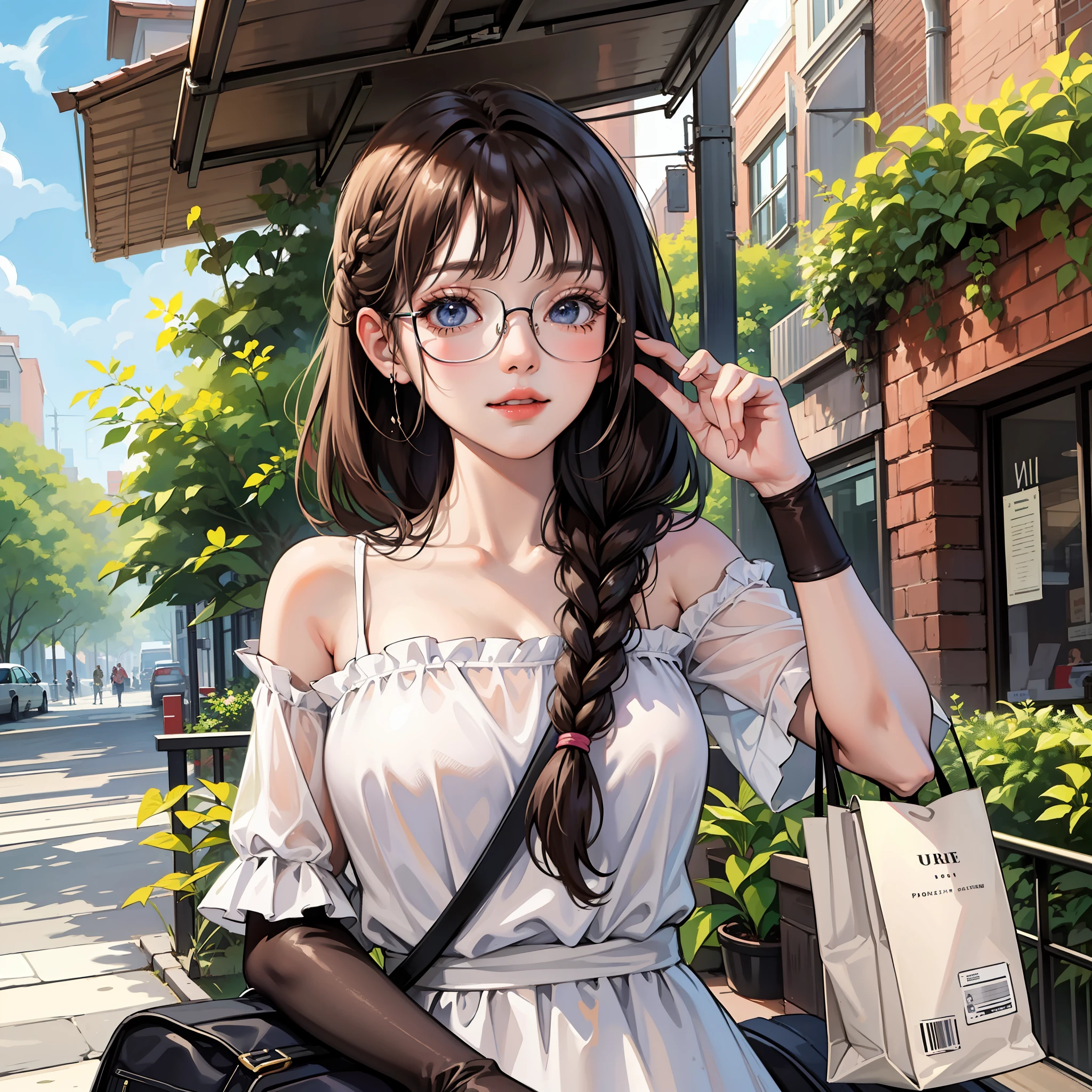 Masterpiece, best quality,
1 girl, looking at the audience,
Reserved class leader girl, gentle smile, relaxed posture, braid braids, glasses, casual conservative clothing, tasteful details, accessories, shoes, bags, leisure environments such as parks, cafes or shopping centers, soft pastel colors and natural tones, background scenery of plants and animals, relaxed atmosphere,
Anime, Illustrations, 
 Delicate skin texture, delicate fabric texture, beautiful delicate face, intricate details, super detailed,