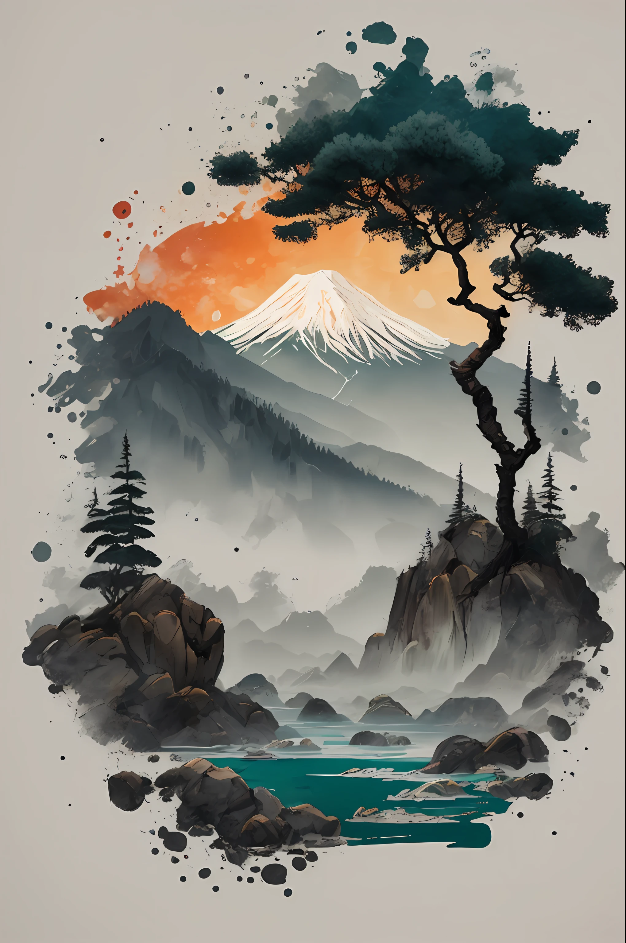 white background, landscape, paint, mountains, water, trees, t-shirt design, vector art