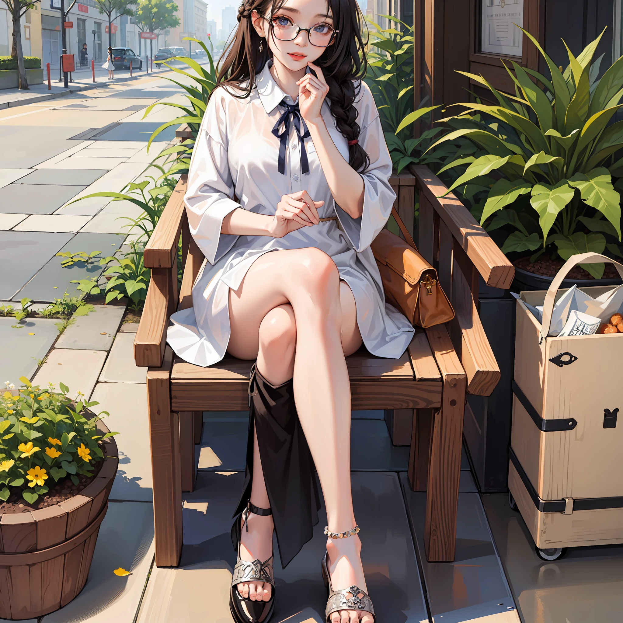 Masterpiece, best quality,
1 girl, looking at the audience,
Reserved class leader girl, gentle smile, relaxed posture, braid braids, glasses, casual conservative clothing, tasteful details, accessories, shoes, bags, leisure environments such as parks, cafes or shopping centers, soft pastel colors and natural tones, background scenery of plants and animals, relaxed atmosphere,
Anime, Illustrations, 
 Delicate skin texture, delicate fabric texture, beautiful delicate face, intricate details, super detailed,