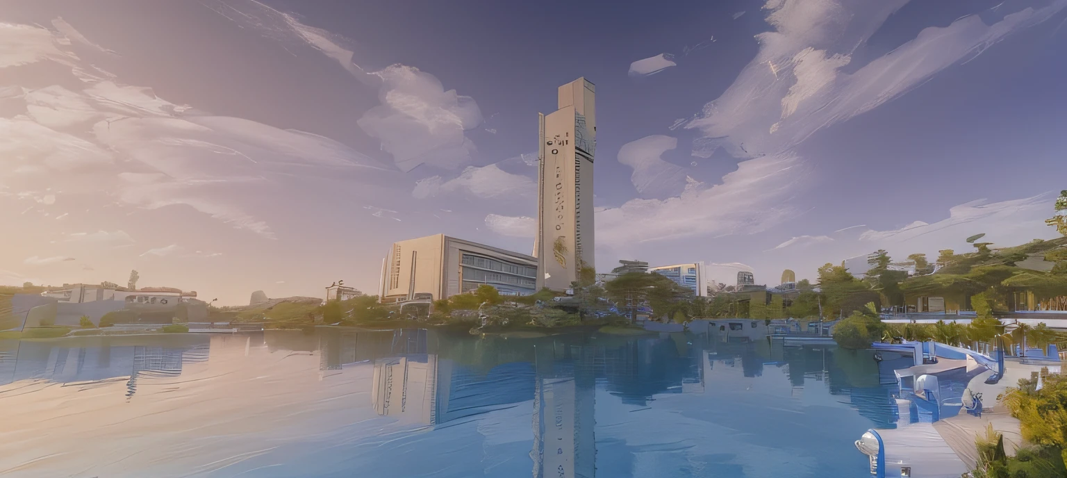 Alafid view of a large building with a bell tower in the middle of the lake, huge towering magical university, guangjian, research complex, University, full - view, Li Zixin, jin shan, shenzhen, wei wang, College, Wide view, F2.8 35mm, F 2. 8 3 5 mm, research center, modern technology building