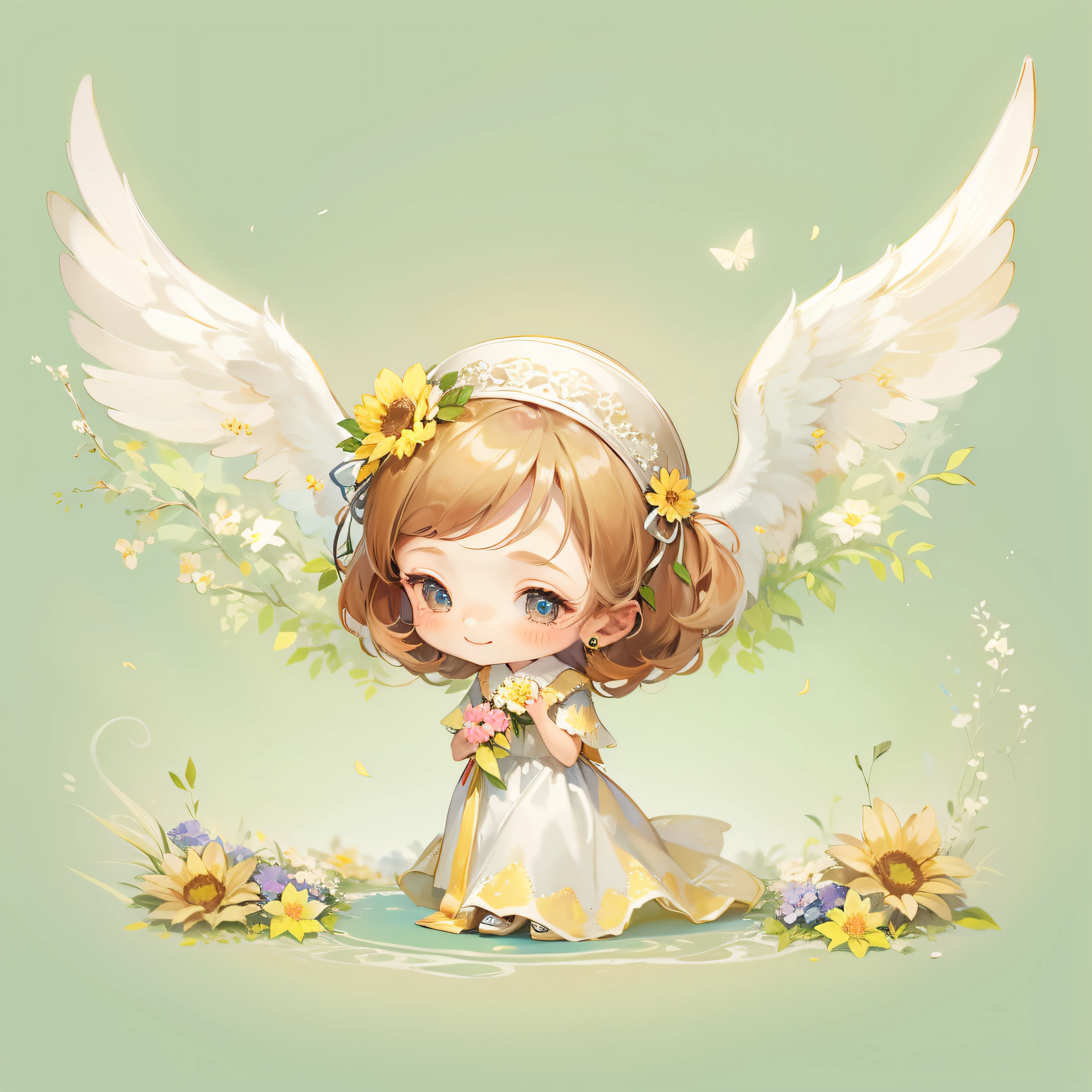 Little Angel, estilo chibi, With angel wings, Gentle smile, holding a flower, Vintage Long Dresses、colorfull dress, Isolated on plain white background, Show full body