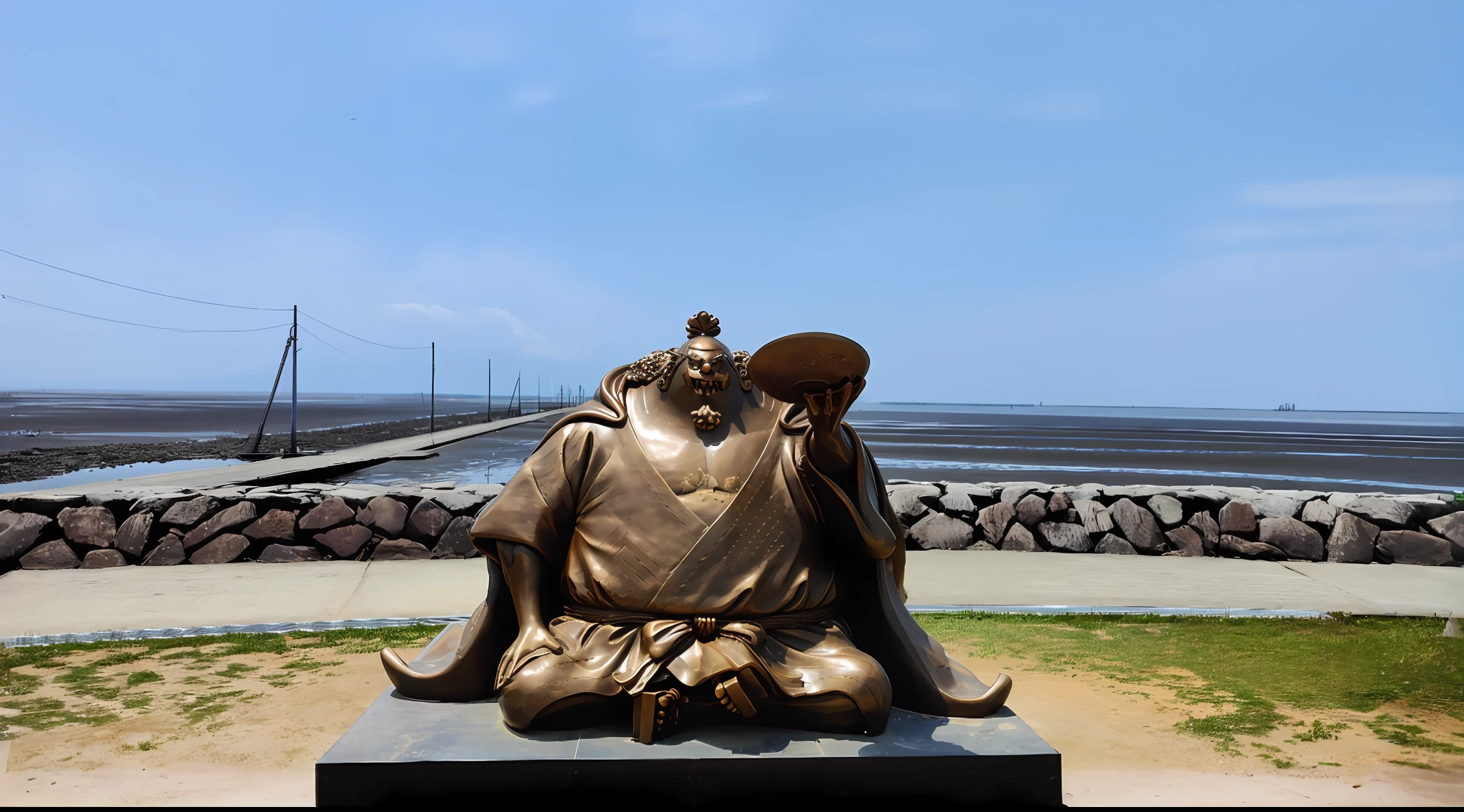 There is a statue of a man sitting on a bench, japanese god, statues, taken with sony alpha 9, ancient japanese monk, guanyin of the southern seas, hakusensha, hotei is on the table, miyamoto musashi, taken with sony a7r camera, by Xuande Emperor