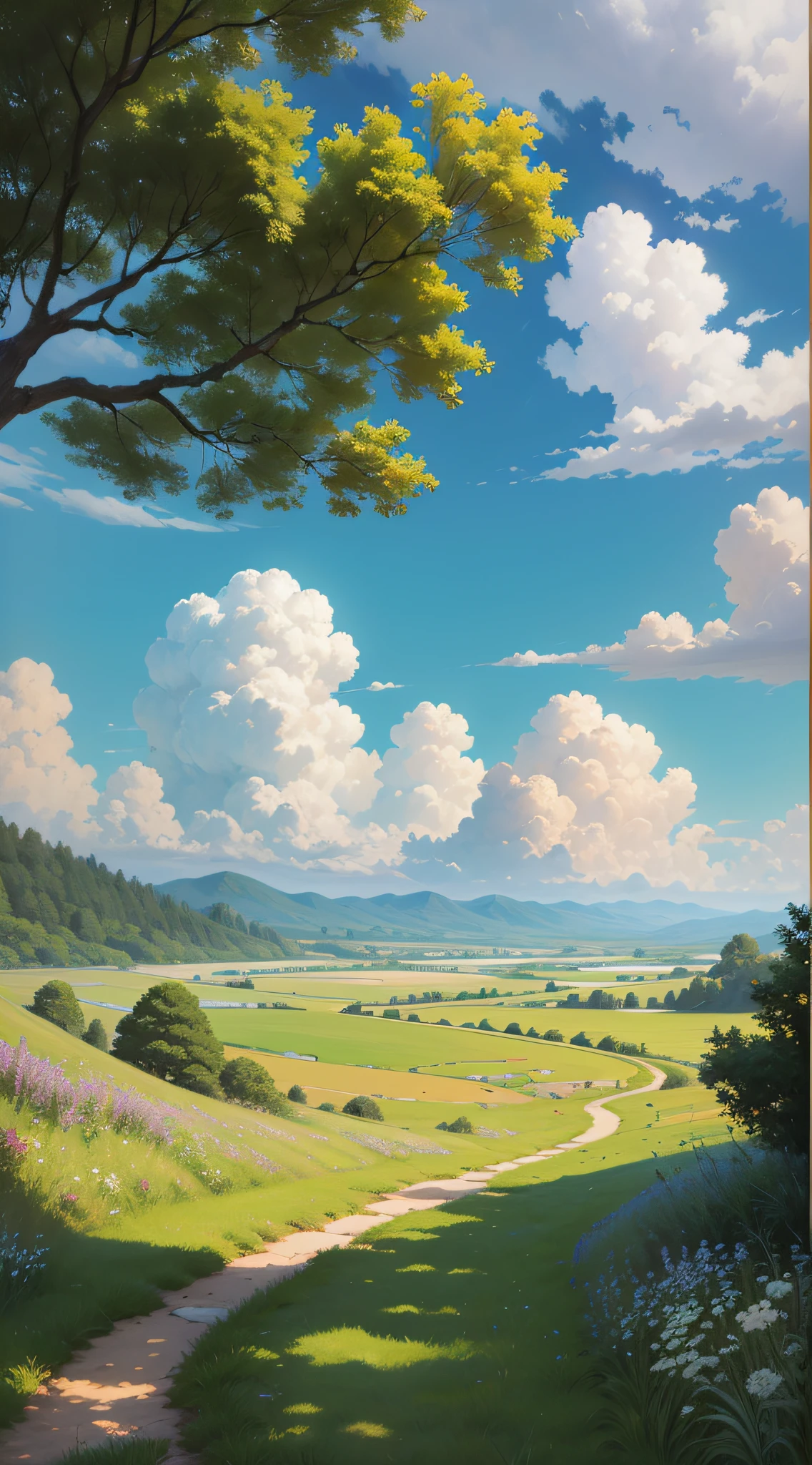 Realistic, authentic, beautiful and amazing landscape oil painting Studio Ghibli Hayao Miyazaki&#39;s petal grassland with blue sky and white clouds --v6