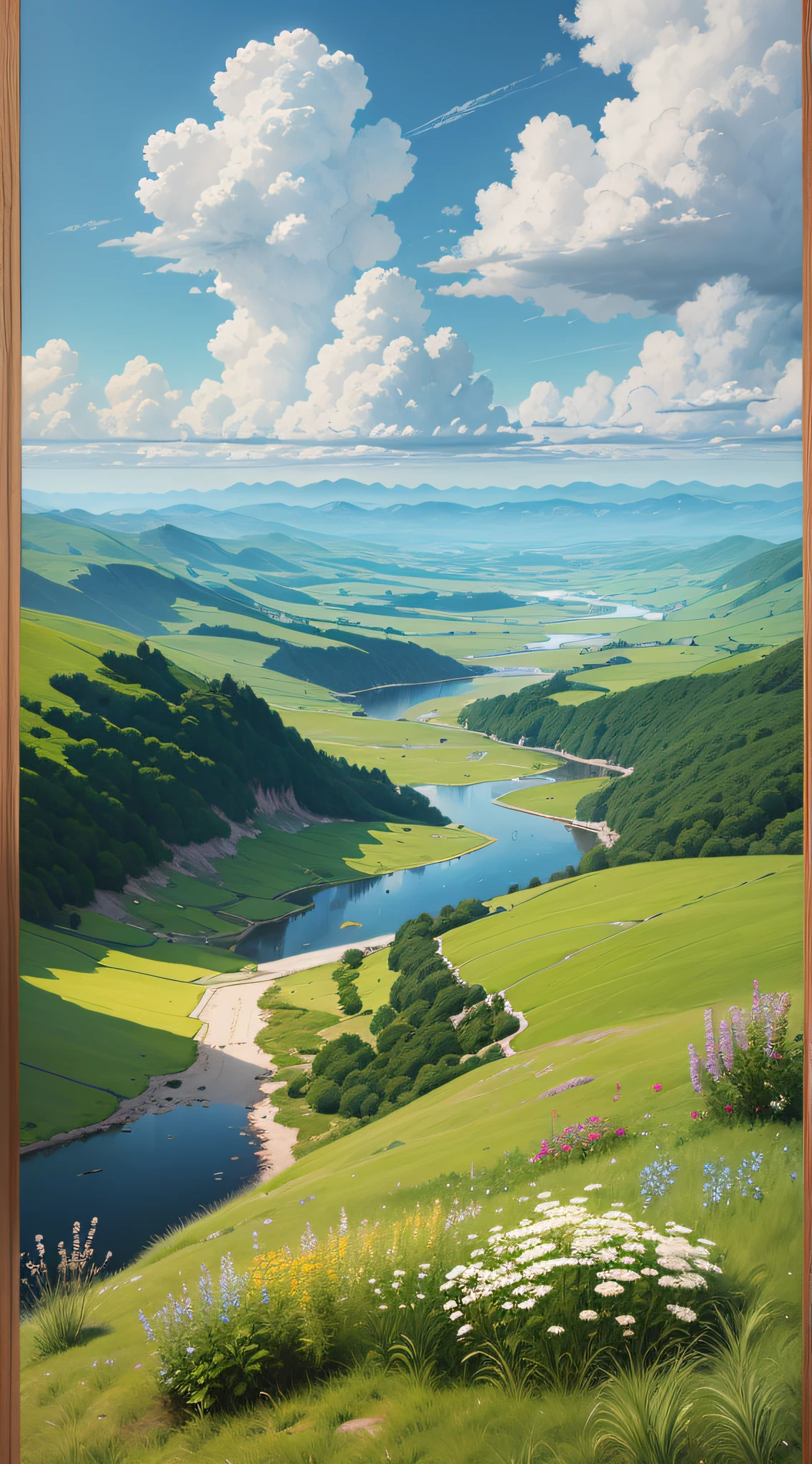 Realistic, authentic, beautiful and amazing landscape oil painting Studio Ghibli Hayao Miyazaki's petal grassland with blue sky and white clouds --v6