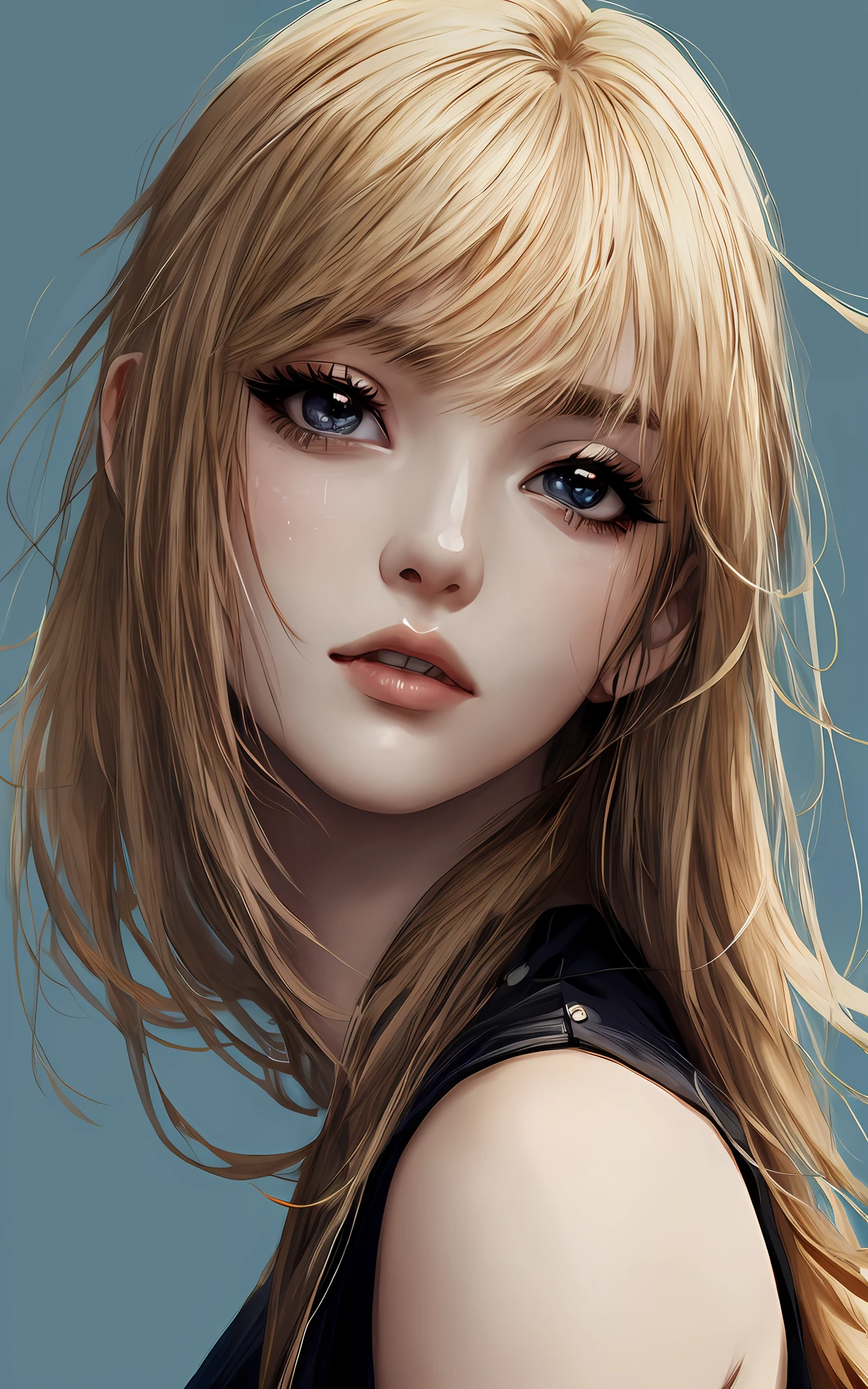 anime styled、Moisturized black eyes、Beautiful woman like a fashion model、a closeup、portlate、Beautiful, Beautiful blonde without hair ornament, hight resolution,　top-quality, ​masterpiece, 8k wallpaper、 One Person、