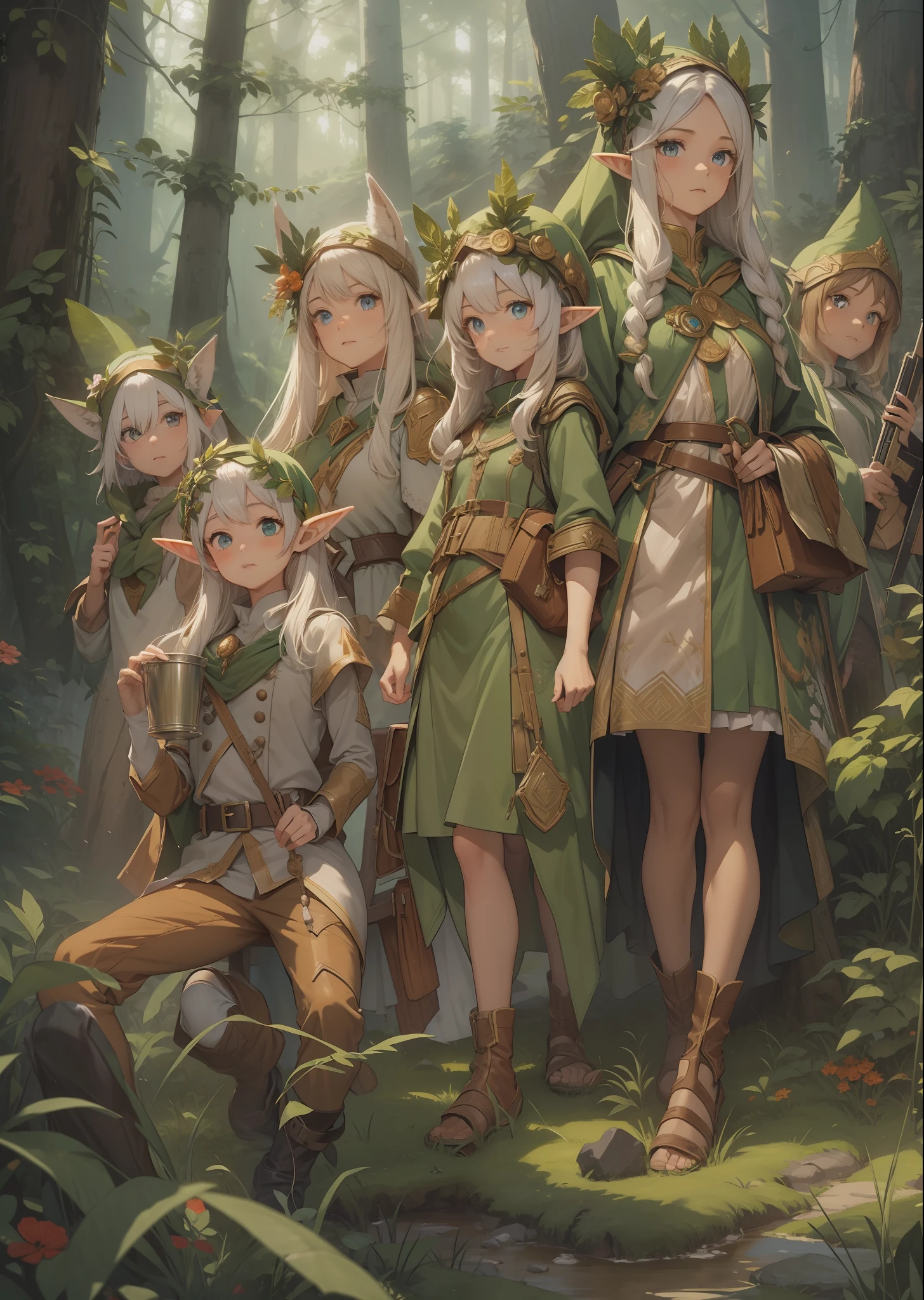 A group of elves，Alert Sentinel，troop，Boys and girls，at a forest，Look up，In the daytime，high qulity，tmasterpiece，detail-rich