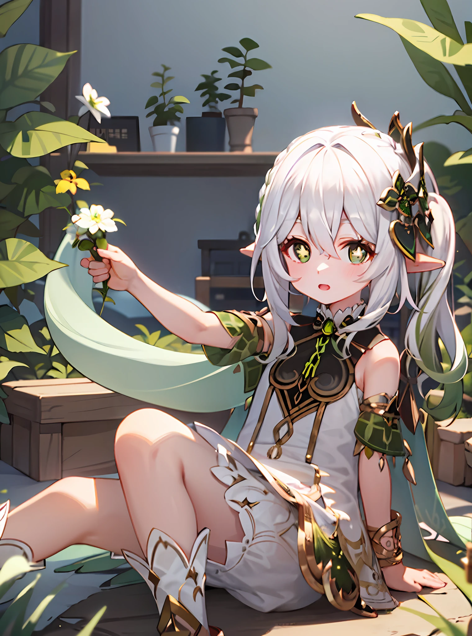 Nahida_Genshin,(White hair),cross-shaped pupils,default_dress,Green cape,