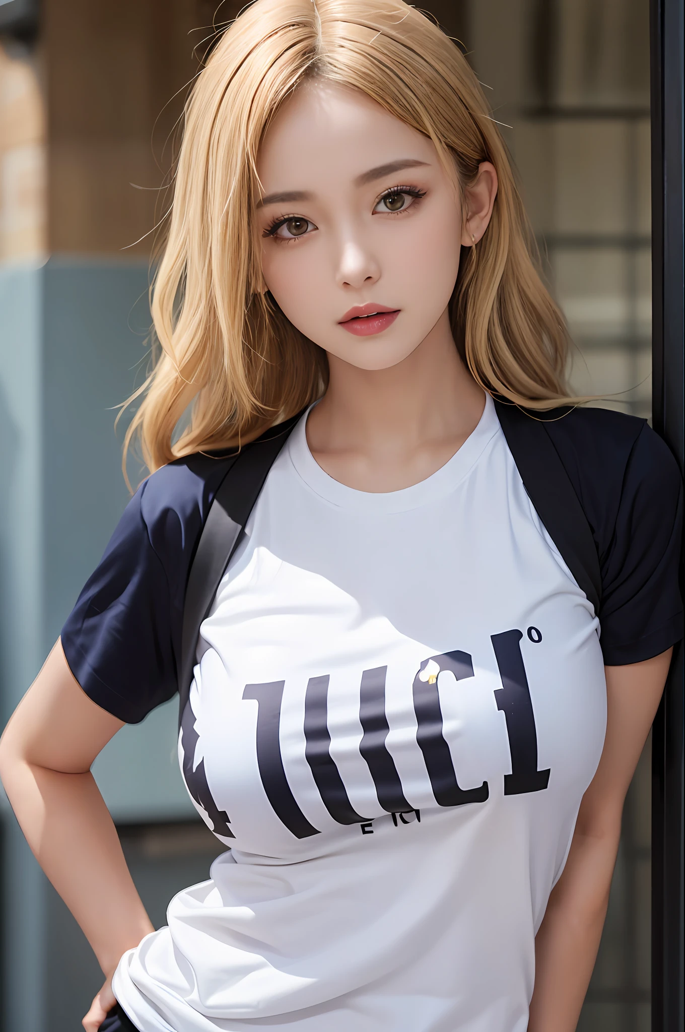 (1girl),large breasts, breasts, tan, dewy skin, sweaty skin, wavy blonde hair, punk tshirt, punk girl