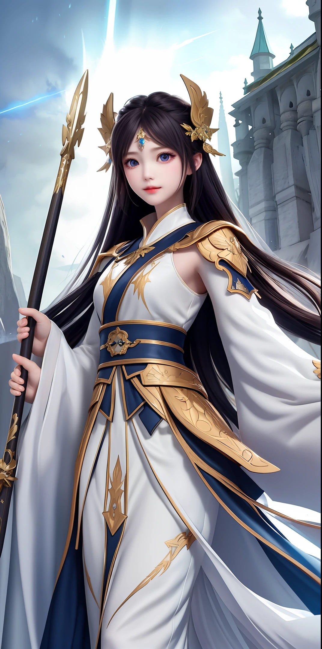 white  clothes，The upper part of the body，Long hair，Childlike beauty，Use thunder magic，With a long-handled weapon，