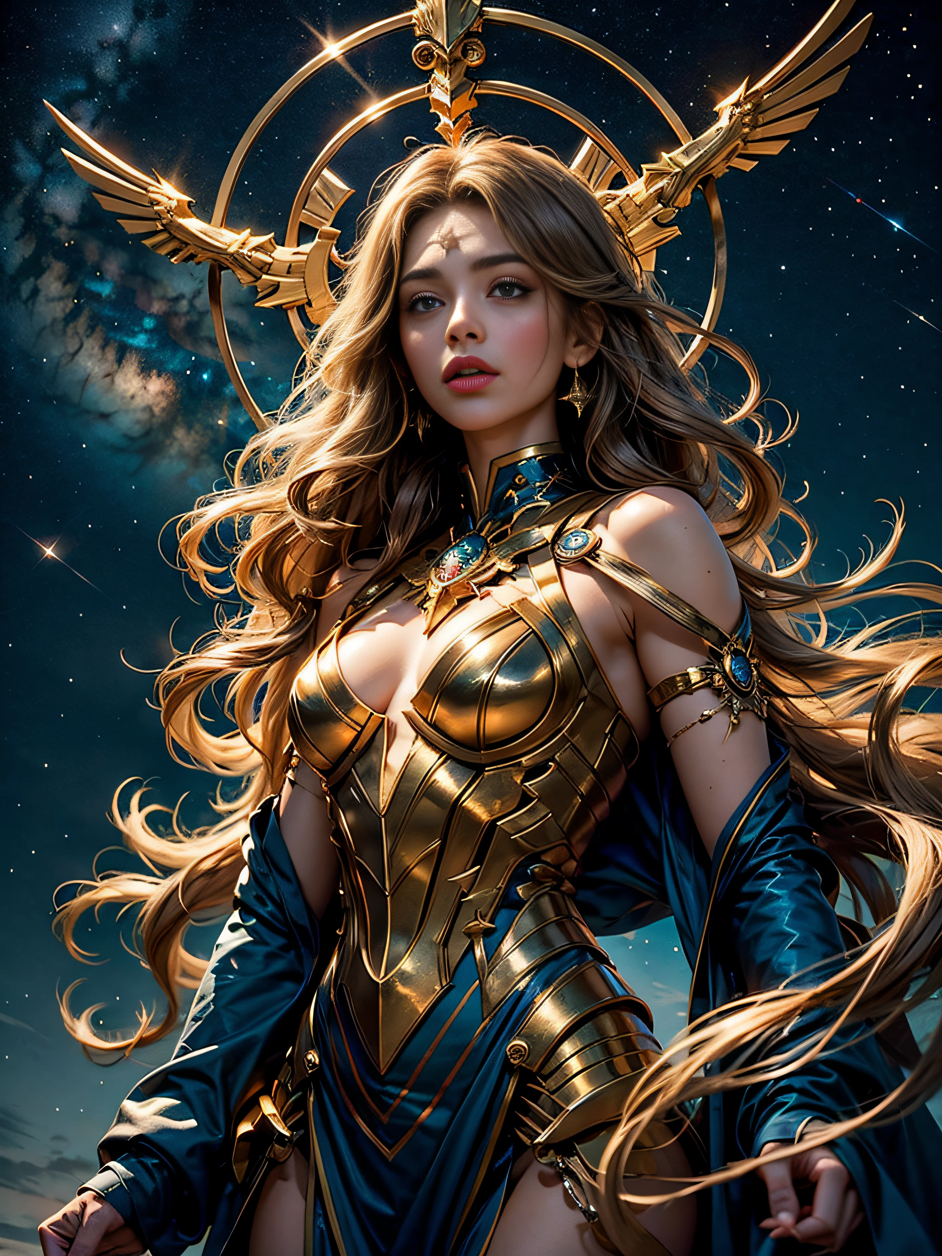 Sagittarius image，Magical golden Sagittarius astrolabe，（The upper body is the image of a human body, and the lower body is the image of a horse's body），((Charming Sagittarius female character:1.2),(Sagittarius symbol:1.1),starryskybackground,The stars twinkle,A sense of mystery,Cosmic elements,Majestic and deep atmosphere,Gorgeous decorative details,mesmerizing eyes,long hair flowing,starlight embellishment,dream colors)