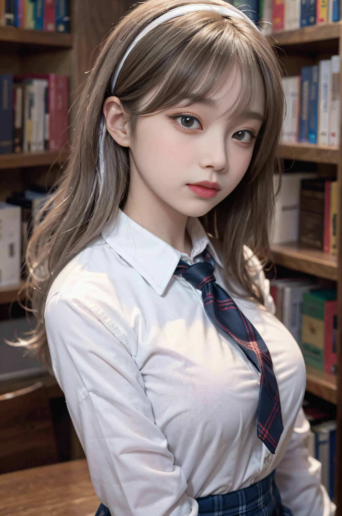 Top image quality、Raw photography、超A high resolution、Shot from the side、Gentle smile、16-year-old Korean、large full breasts、neck tie、bow ribbon、student clothes、Collared shirt、School uniform shirt、plaid skirts、fair white skin、shiny white skin、a short bob、bright silver hair、bright white hair、beautifully aligned bangs、beautidful eyes、Beautiful eyes with random colors、very thin lips、Beautiful Eyes of Details、elongated eyes、pale pink blush、long eyeslashes、beautiful double eyelid、eyeshadows、耳Nipple Ring、Night School、Library dimly lit at night、Stand next to a bookshelf