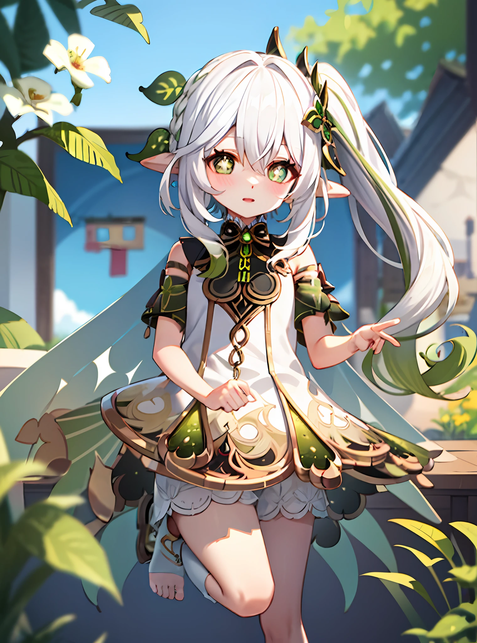 Nahida_Genshin,(White hair),cross-shaped pupils,default_dress,Green cape,