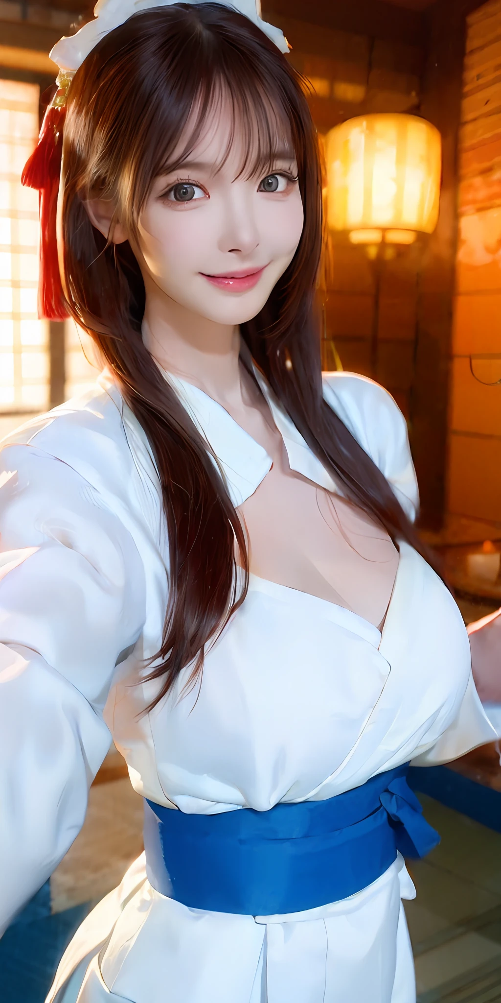 arafed woman in a white dress posing for a picture, wearing a white robe, goddess of Japan, Yoko Matsugane(I don't know about the fire dance), wearing white silk robe, wearing long white robe, in a kimono, wearing a white robe, seductive tifa lockhart portrait, white hanfu, long flowing white robe, wearing a simple robe, elegant japanese woman、huge tit、big breasts、Fluffy clothes、bathrobe、Wet、bath、bathhouse、outdoor bath、teats、