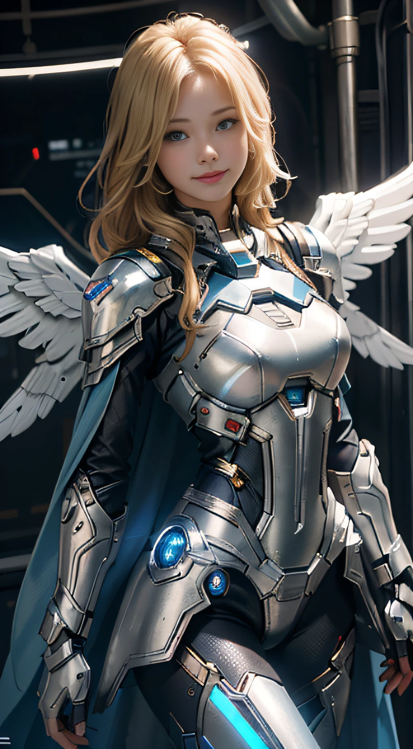 Supergirl's Masterpiece, (Best quality), Highly detailed, Ultra-detailed, 1 Supergirl, (Mechanical wings: Golden, glowing light eyes: Blue, white color mecha: 1.2, hor ears: 0.8), (cyber punk city: 1.5, arma: Energy Blade), (Fantasy landscape: 1.2, Natural lighting: 1.5, self-confident expression), (in a panoramic view: 1.2), White and red mechs, Blonde, Smile, Blue eyes, Angle, Angels, Wings,