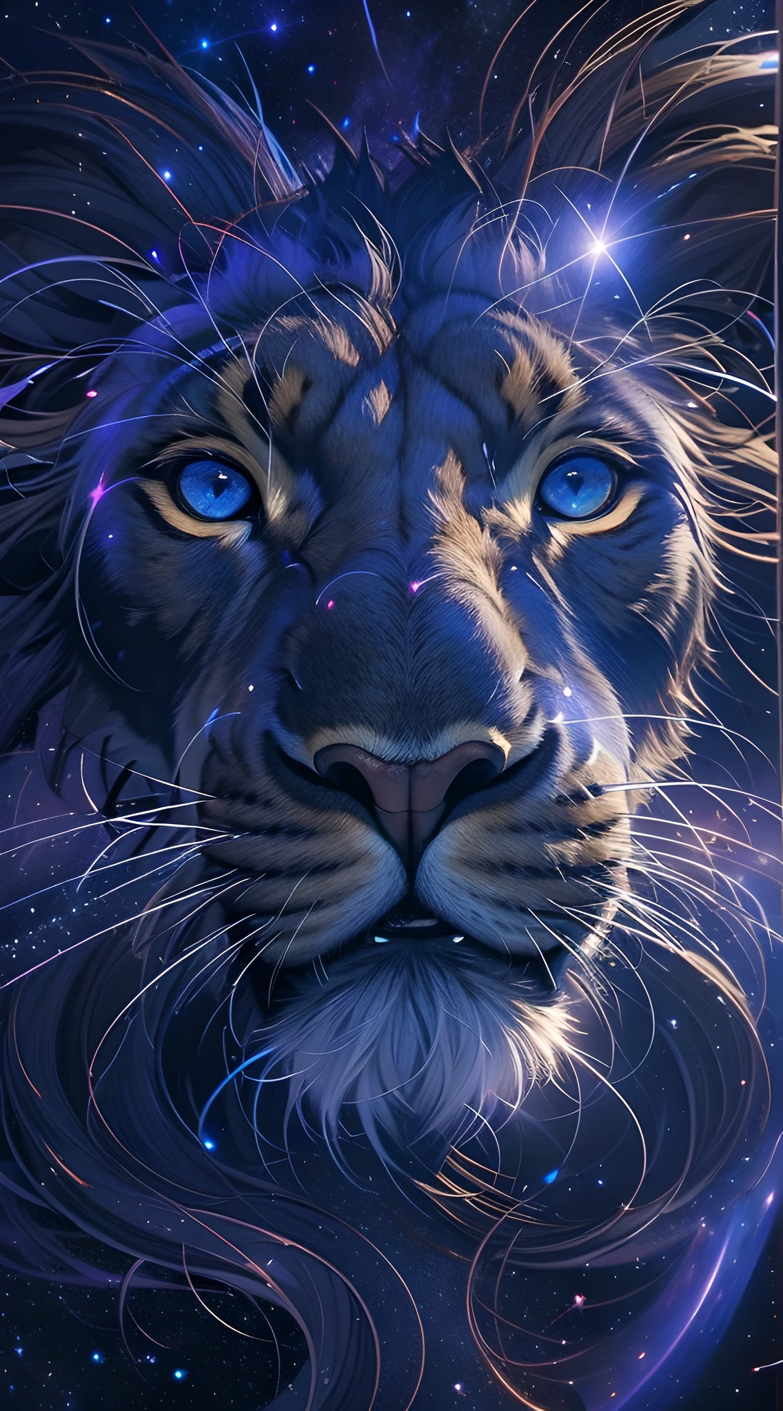 Close up of lion on purple and blue background,portrait of a cosmic entity,Strange portrait of the Milky Way,In the starlight plane) ) ),Astral appearance,galactic dmt entity,Themes around Nebula Halos,Glowing black halo,cosmic entity,Galactic entity,galactic deity,Cosmic terrorist entities,quality astral projection render,Portrait of the cosmic god,astral ethereal
