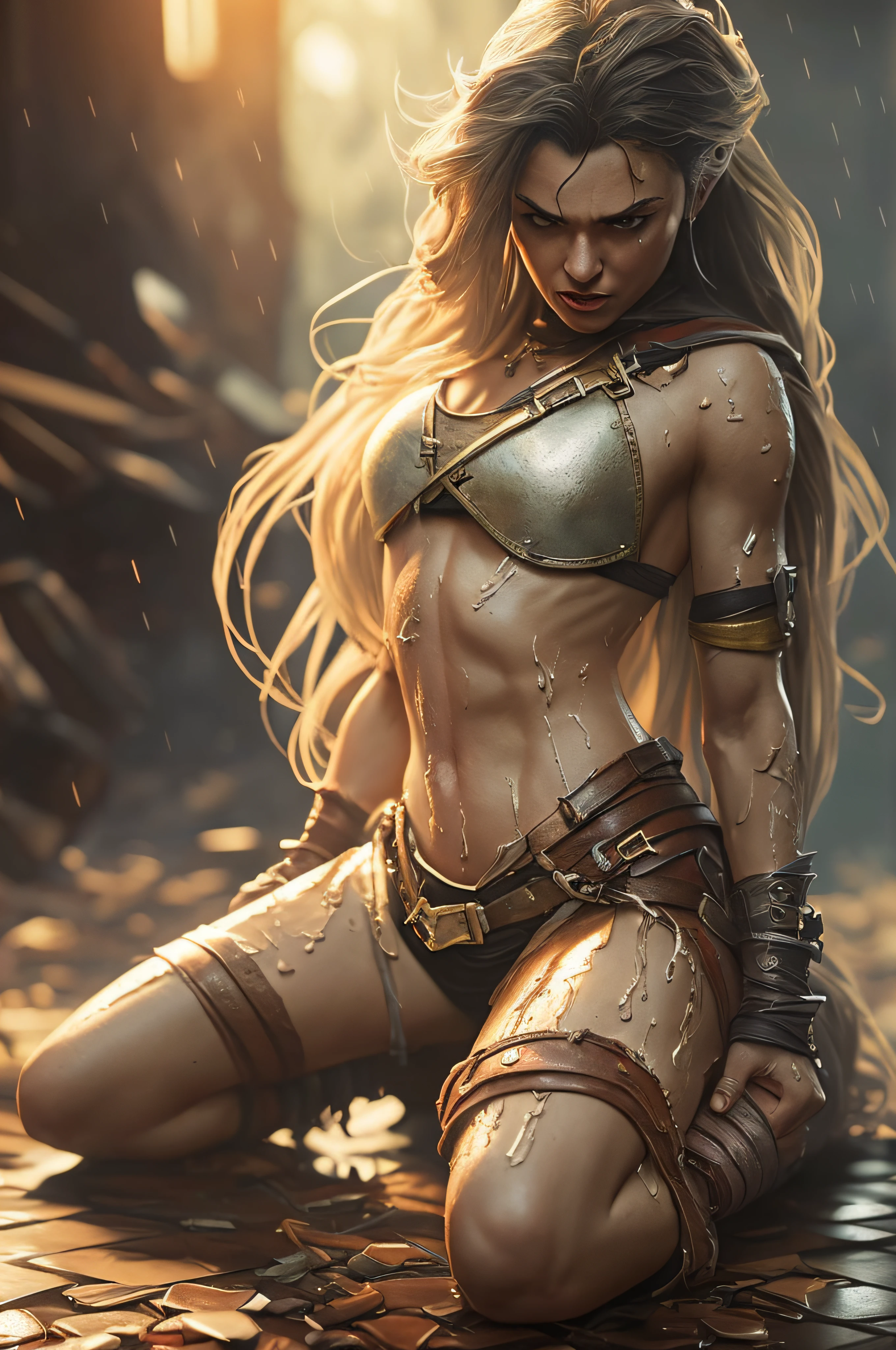 photo of the most beautiful artwork in the world featuring soft lustrous female heroine, ((epic heroic fantasy muscular rugged wet wounded angry looking with long hair  and fierce looking in a dynamic posture dying on the floor, fantastic location, majestic cluttered environment)), full body 8k unity render, action shot, skin pores, very dark lighting, heavy shadows, detailed, detailed face, (vibrant, photo realistic, realistic, dramatic, dark, sharp focus, 8k), (weathered damaged old worn leather outfit:1.4), (intricate:1.4), decadent, (highly detailed:1.4), digital painting, octane render, artstation, concept art, smooth, sharp focus, illustration, art by artgerm, (loish:0.23), wlop ilya kuvshinov, and greg rutkowski and alphonse mucha gracias, (global illumination, studio light, volumetric light), heavy rain, particles floating