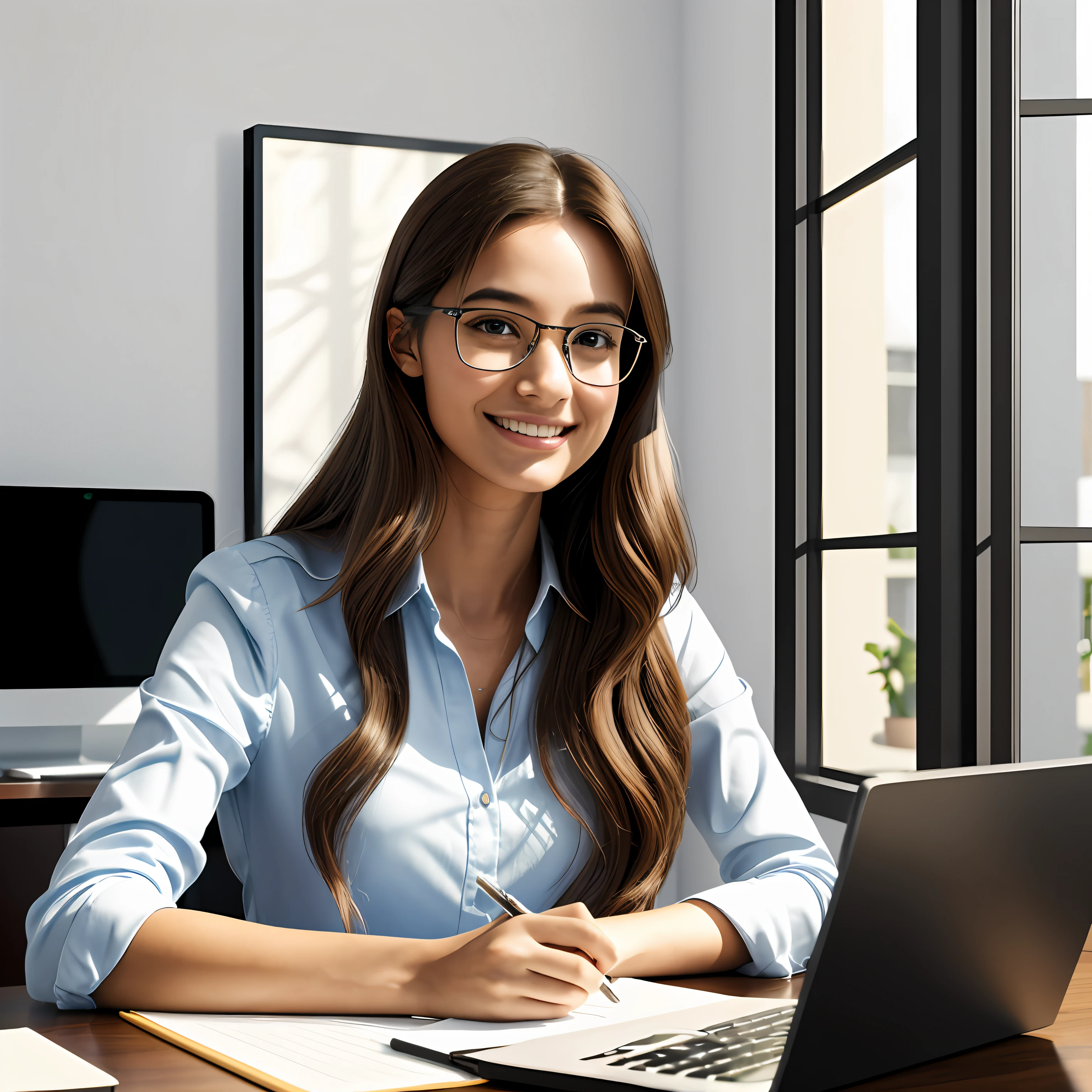 Best quality, professional photo, masterpiece, ultra high res, (photorealistic:1.4), raw photo, 1girl, european, 25-year-old, long brown hair, a sly smile, shiny skin, glasses with clear details, office environment, home office, computer, back view, sitting at her desk, searching words at the screen, studying in bedroom, dramatic lighting, highlight light effect, soft shadows --auto