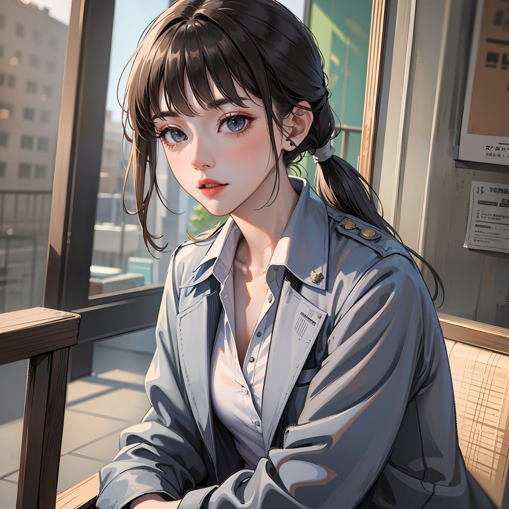 kr-pny,pony tails,Separate bangs,1girll,校服,Open dark grey jacket,Dark gray blazer,sitted,sportrait,realisticlying,Look into the distance,
extremely detail hair,Complicated details,
tmasterpiece,Best quality
break
Cozy and unpopular school library,
edge lit、Side lighting、cinematric light、超高分辨率、8K UHD、filmgrain、best shadow、Delicate、.RAW
masterpiece,Best quality,