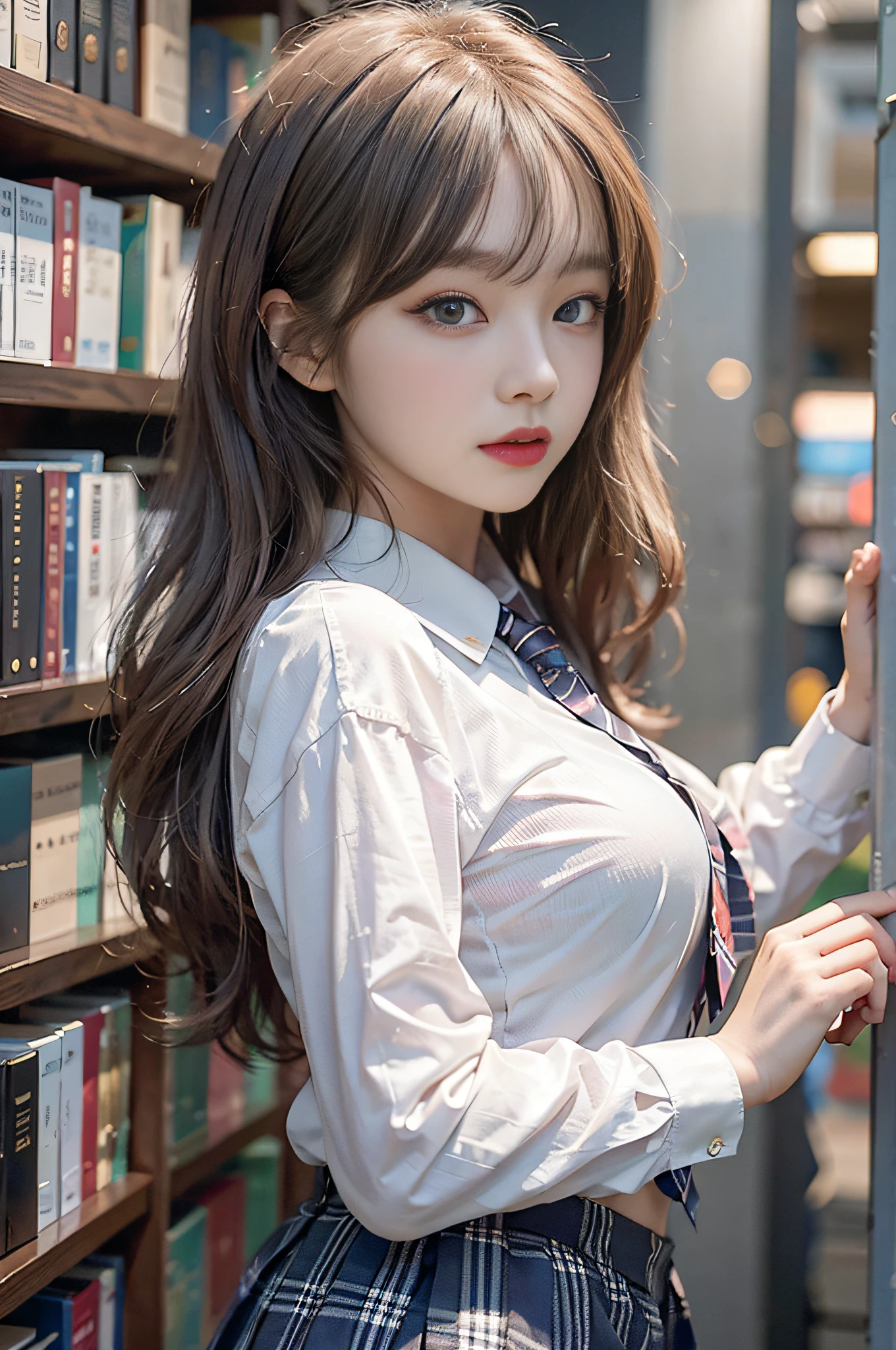 Top image quality、Raw photography、超A high resolution、Shot from the side、Gentle smile、16-year-old Korean、large full breasts、neck tie、bow ribbon、student clothes、Collared shirt、School uniform shirt、plaid skirts、fair white skin、shiny white skin、a short bob、bright silver hair、bright white hair、beautifully aligned bangs、beautidful eyes、Beautiful eyes with random colors、very thin lips、Beautiful Eyes of Details、elongated eyes、pale pink blush、long eyeslashes、beautiful double eyelid、eyeshadows、耳Nipple Ring、Night School、Library dimly lit at night、Stand next to a bookshelf