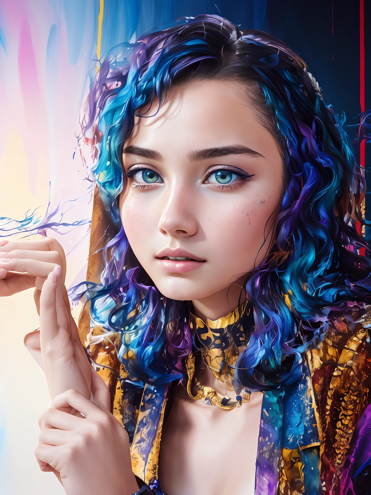 Colorful beautiful girl: a giru 8-years old, messy hair, oil painting, nice perfect face with soft skinice perfect face, blue yellow colors, light purple and violet additions, light red additions, intricate detail, splash screen, 8k resolution, masterpiece, cute face,artstation digital painting smooth veryBlack ink flow: 8k resolution photorealistic masterpiece: intricately detailed fluid gouache painting: by Jean Baptiste Mongue: calligraphy: acrylic: watercolor art, professional photography, natural lighting, volumetric lighting maximalist photoillustration: by marton bobzert:, complex, elegant, expansive, fantastical