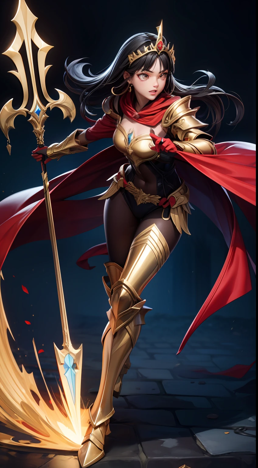 solo, super fine photo, full body photo picture Unreal Engine 5 8K UHD, beautiful girl, black and dark red long hair, dark gold armor with high details, chainmail bodysuit underwear, red cape, gold crown, goddess of war, wielding a golden spear with gold energy streams, fantasy theme, fantasy design, beautiful make up, best quality, masterpiece, unified 8k wallpaper, super detailed, sharp focus.