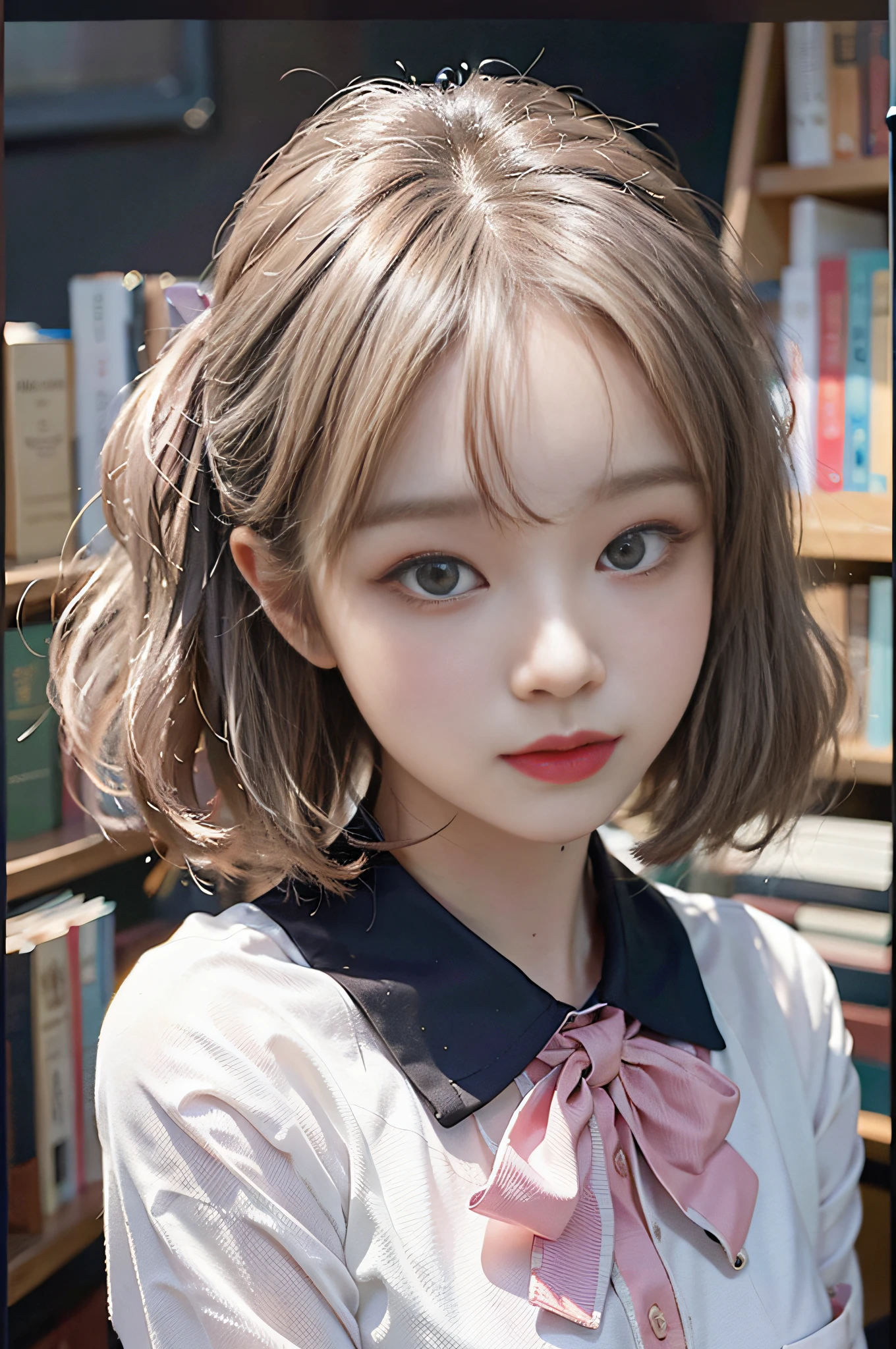 Top image quality、Raw photography、超A high resolution、Shot from the side、Gentle smile、16-year-old Korean、large full breasts、neck tie、bow ribbon、student clothes、Collared shirt、School uniform shirt、plaid skirts、fair white skin、shiny white skin、a short bob、bright silver hair、bright white hair、beautifully aligned bangs、beautidful eyes、Beautiful eyes with random colors、very thin lips、Beautiful Eyes of Details、elongated eyes、pale pink blush、long eyeslashes、beautiful double eyelid、eyeshadows、耳Nipple Ring、Night School、Library dimly lit at night、Stand next to a bookshelf