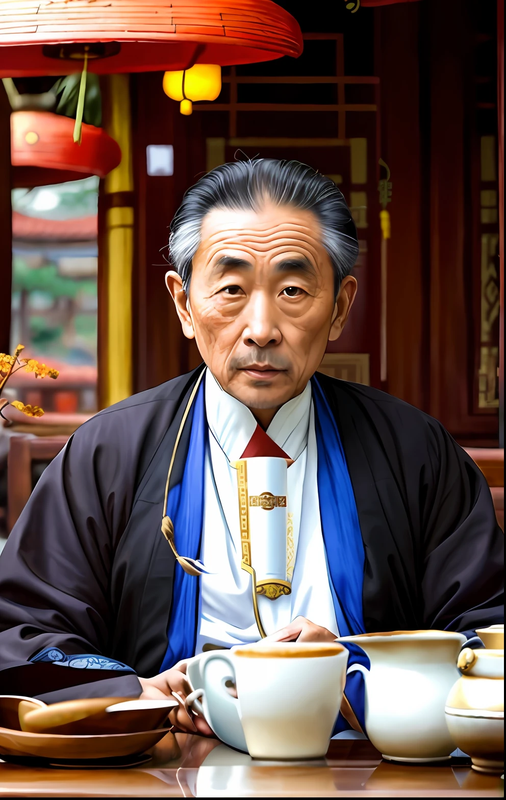 there is a man sitting at a table with a cup of coffee, inspired by Wu Daozi, Taoist, inspired by Hu Zao, Taoist master, inspired by Li Tiefu, zhang daqian, bo xun ling, song nan li, Inspired by Liu Jue, Chiba Yuda