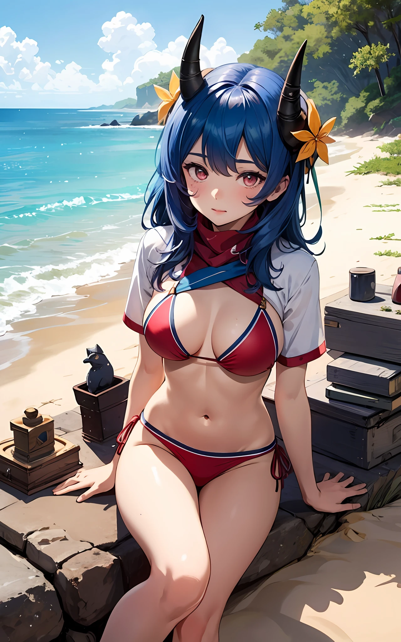 masterpiece,1girl,solo, blue hair, horns,standing,cherry blossom, (bikini:1.3),navel,sea,beach,sand castle, sitting,heart-shaped pupils,