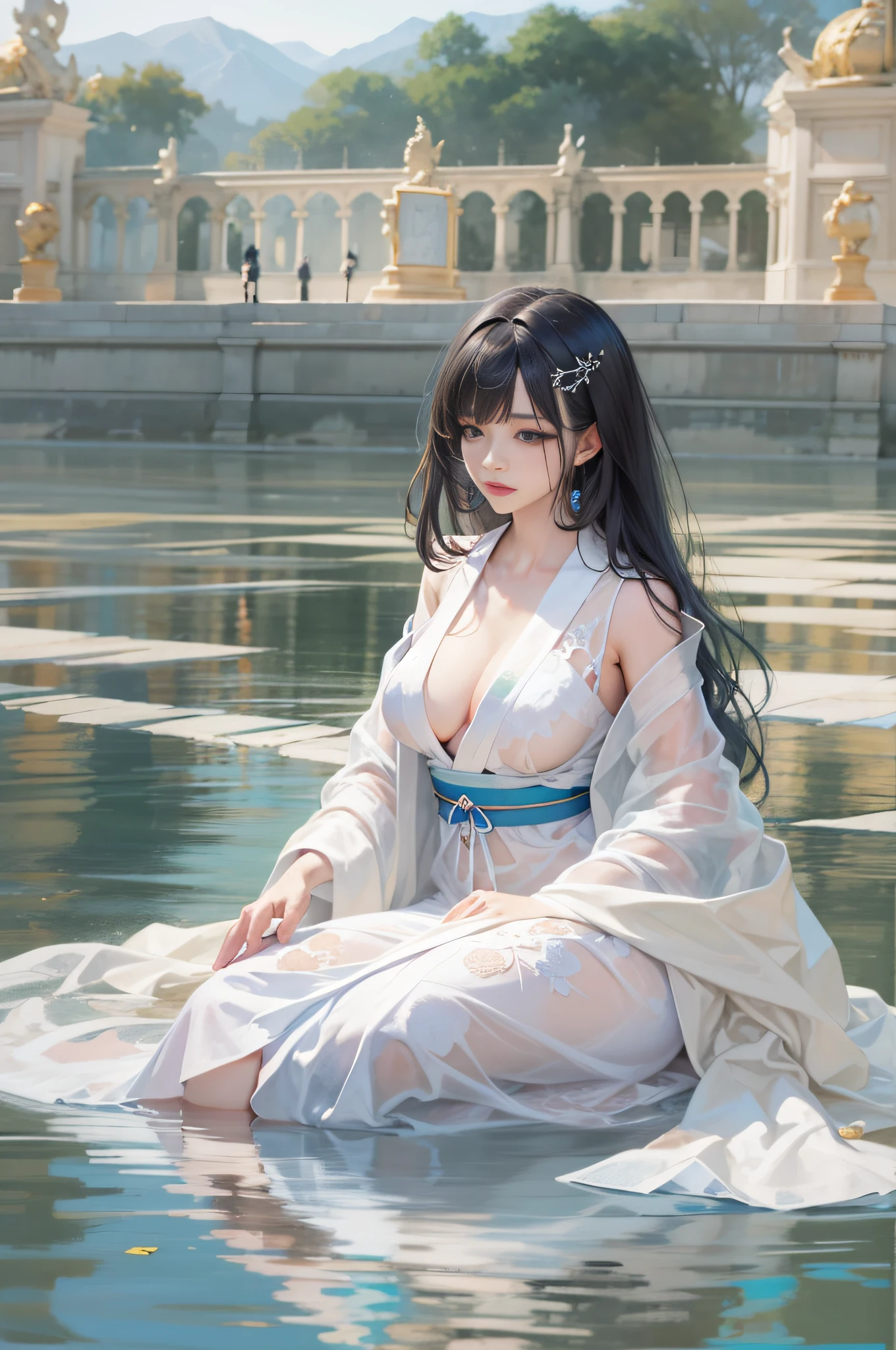 32 year old beautiful woman with attractive long black hair、Double eyelids、The background is the Palace of Versailles in France、Looking here、One white see-through yukata that sticks to bare skin、very large breast、wide open legs、The color and shape of the tip of the chest is visible 、You can see the color and shape of the areola、You can see through a lot of pubic hair、The entire chest shows through、