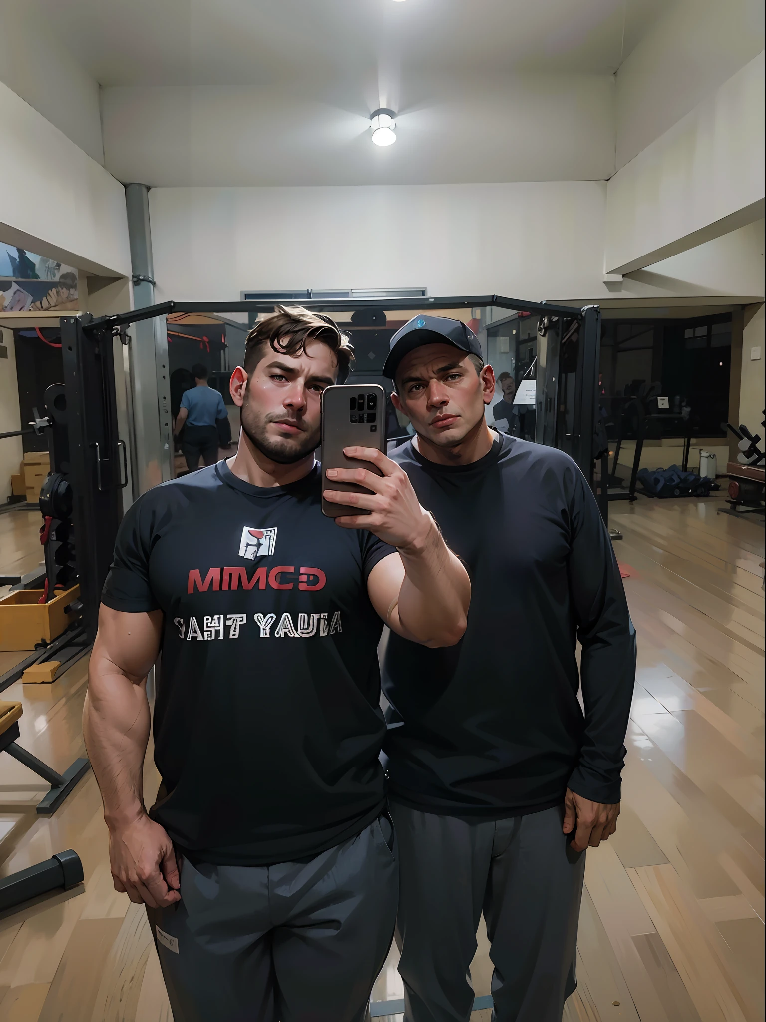 There are two men standing in a gym with a mirror, em uma academia, Corpo de Ernest Khalimov, Greg Rutkowski e Ilya Repin, foto muito precisa, Estilo Ilya Kuvishinov, # Oc, Mikhail Vrubel e Wadim Kashin, #Oc